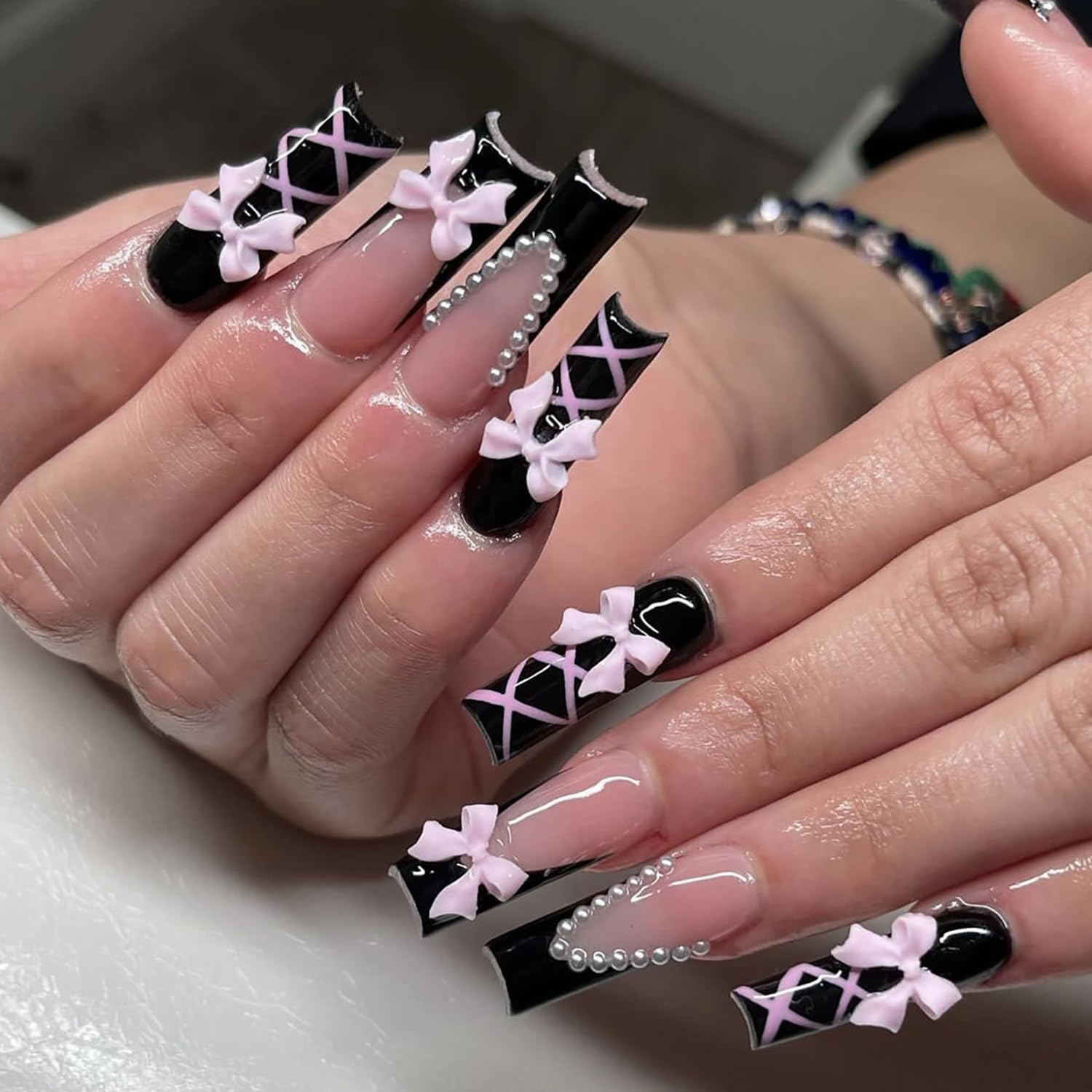 Black Glossy Coffin Press On Nails - Long Acrylic False Nails with Pink Bow Designs & Charm | Full Cover Artificial Nails with Glue | Perfect for Parties, Weddings & Special Occasions