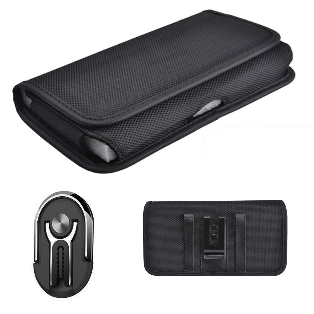 Premium 3-in-1 Pouch Case for LG K22 & K32 5G - Protective Phone Pouch with Belt Clip, Car Mount & Ring Stand | Durable Canvas Cover for Everyday Use, Travel & Outdoor Activities (Black)