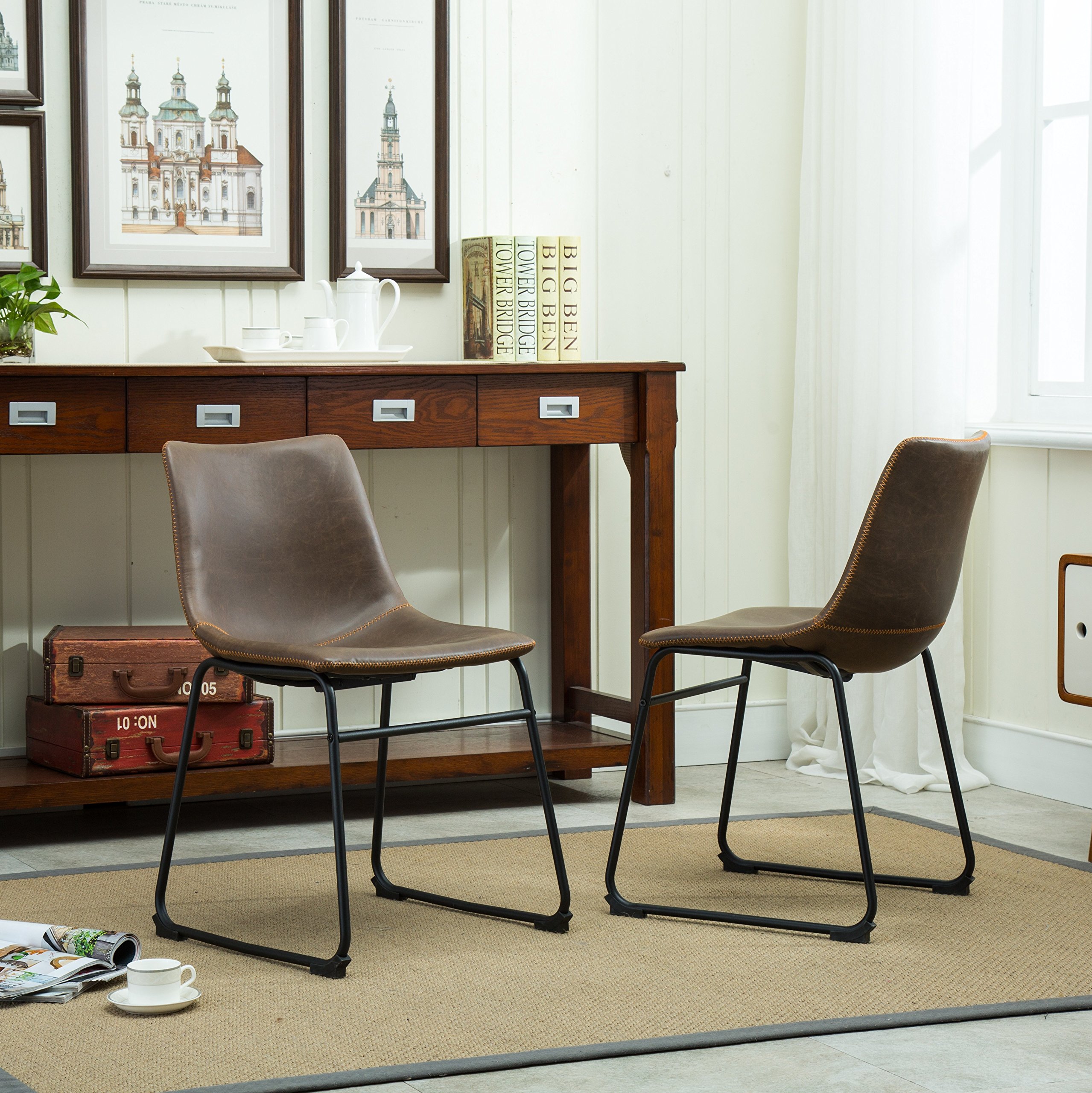 Roundhill Furniture Lotusville PU Leather Dining Chairs Set of 2 - Brown Modern Kitchen Chairs for Dining Room, Breakfast Nook & Small Spaces