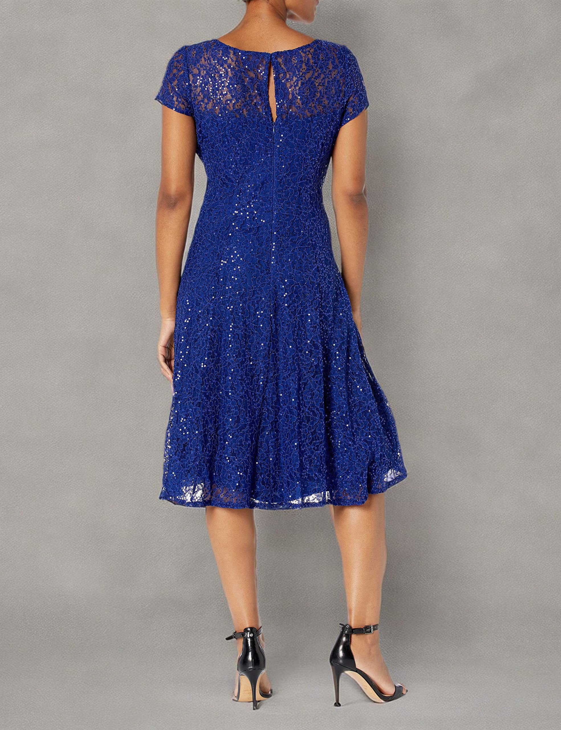 Elegant Women's Short Sleeve Sequin & Lace Tea-Length Mother of the Bride Dress - Petite & Regular Sizes | Perfect for Weddings, Formal Events & Special Occasions