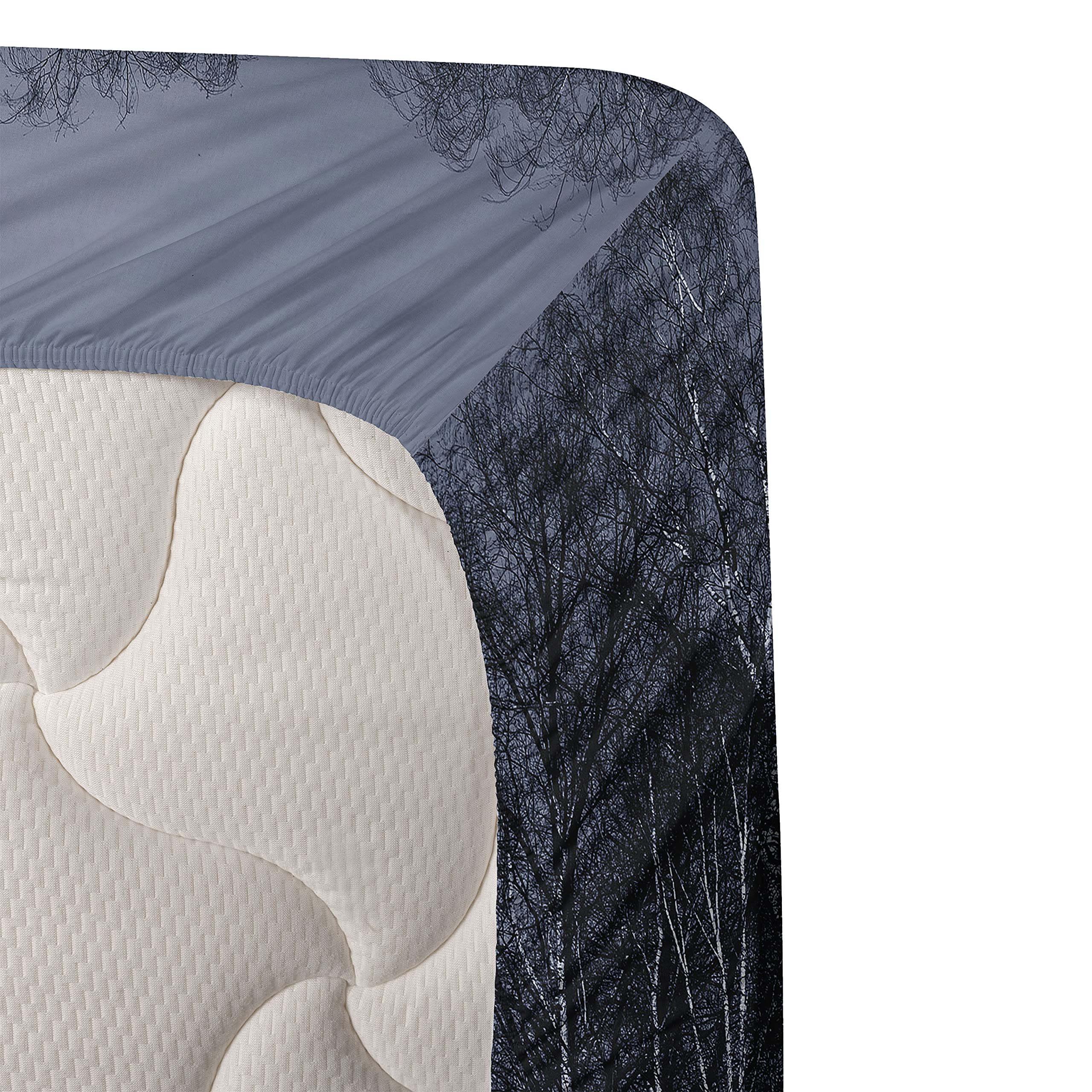 Ambesonne Nature 4-Piece King Sheet Set - Winter Forest Lake Landscape with Moon Print, Purple Blue & Black - Fitted & Flat Sheets with Pillowcases - Cozy Bedroom Decor for Cabin, Lodge & Nature-Themed Rooms