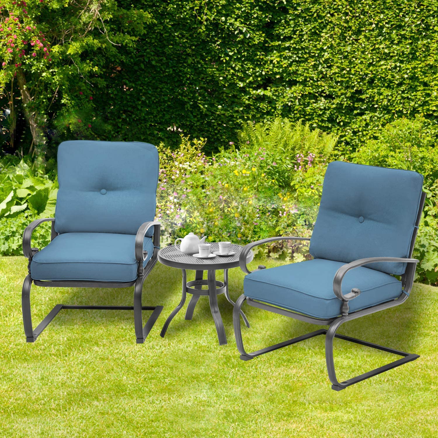 SUNCROWN 3-Piece Outdoor Patio Bistro Set with Spring Motion Chairs & Round Cafe Table - Steel Frame Conversation Furniture with Cushions (Peacock Blue) - Perfect for Garden, Balcony, and Backyard Relaxation