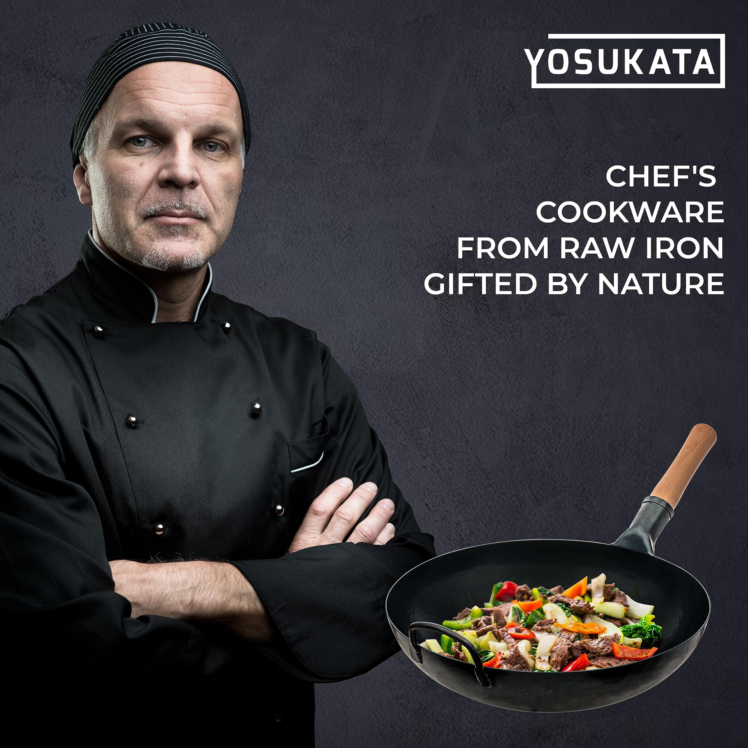 YOSUKATA 14 Inch Blue Round Bottom Carbon Steel Wok Pan - Traditional Chinese & Japanese Hammered Stir Fry Cookware - Perfect for Home Cooking, Asian Cuisine & Professional Chefs