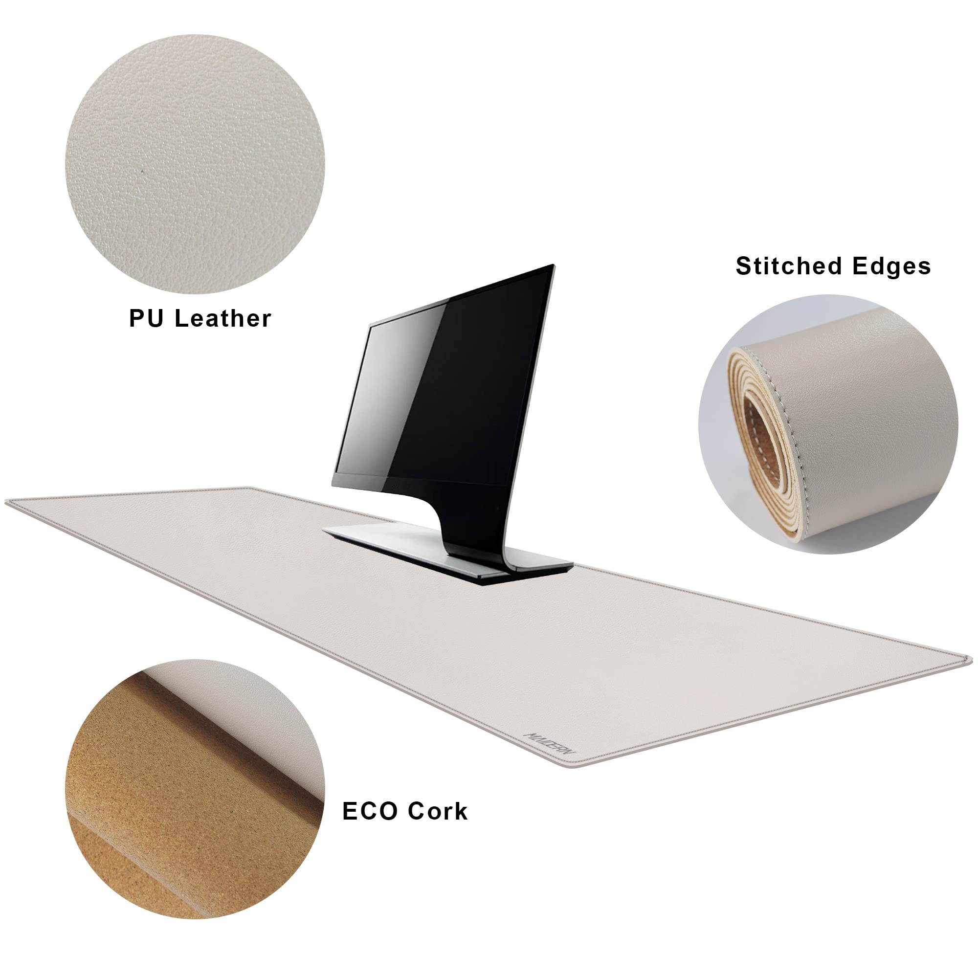 MAIDERN 55 x 15.7 Inch Extra Large Cork & Leather Desk Pad - Dual Sided XXL Desk Mat for Gaming & Home Office - Full Desk Mouse Pad Protector (Cream) | Perfect for Computer Workstations, Writing & Office Decor