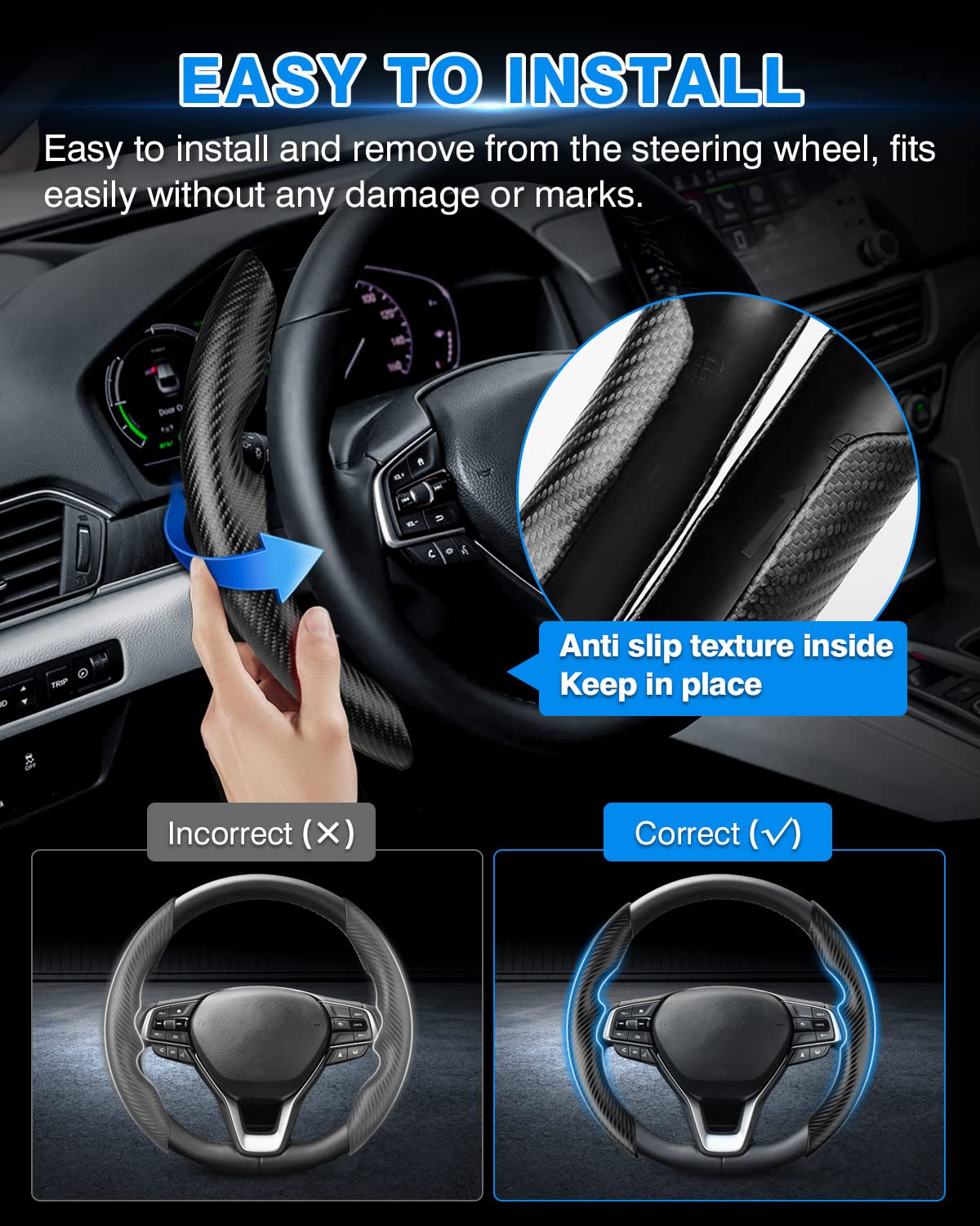 **Honda Accord Steering Wheel Cover 2018-2025 | Carbon Fiber Non-Slip Grip | Comfortable & Durable | 2PCS Black | Perfect for Daily Commute & Long Drives**