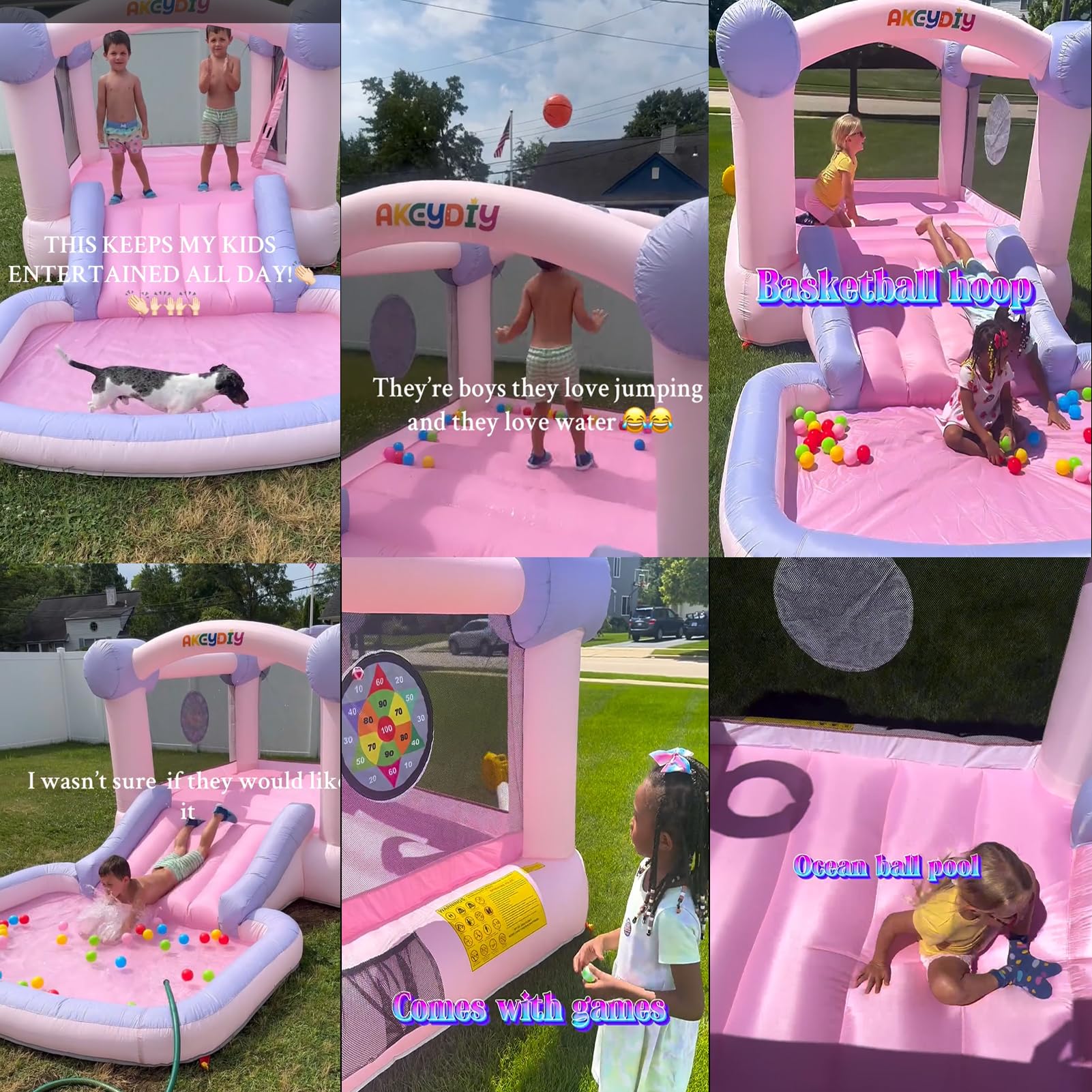Pastel Inflatable Bounce House with Slide - 161x82x63 Inch Kids Bouncy Castle | Includes Blower, Basketball Hoop & 50 Pastel Balls | Indoor & Outdoor Party Playhouse for Boys & Girls Birthday | Perfect for Backyard, Park & Birthday Celebrations