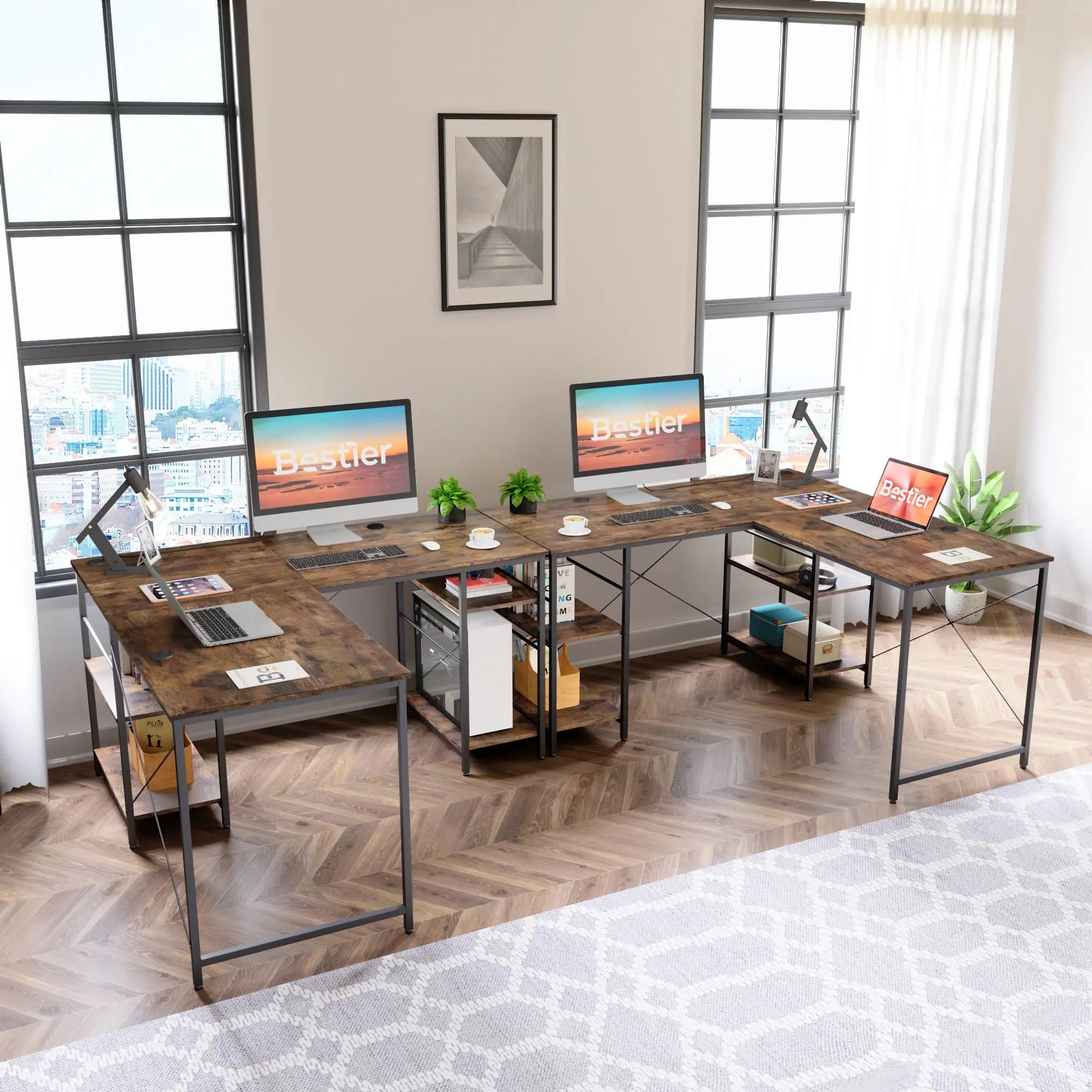 Bestier 86 Inch L-Shaped Computer Desk for Two - Home Office Gaming & Workstation with Large Workspace - Perfect for Couples, Roommates & Small Spaces
