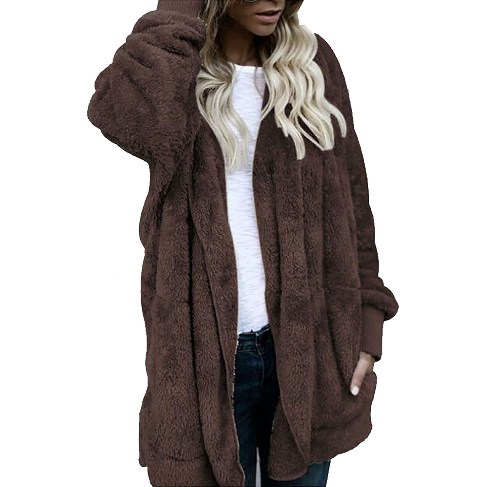 Women's Autumn Winter Warm Fluffy Cardigan - Solid Color Cozy Sweater with Pockets & Hood - Fashion Outerwear for Casual Wear, Office & Travel