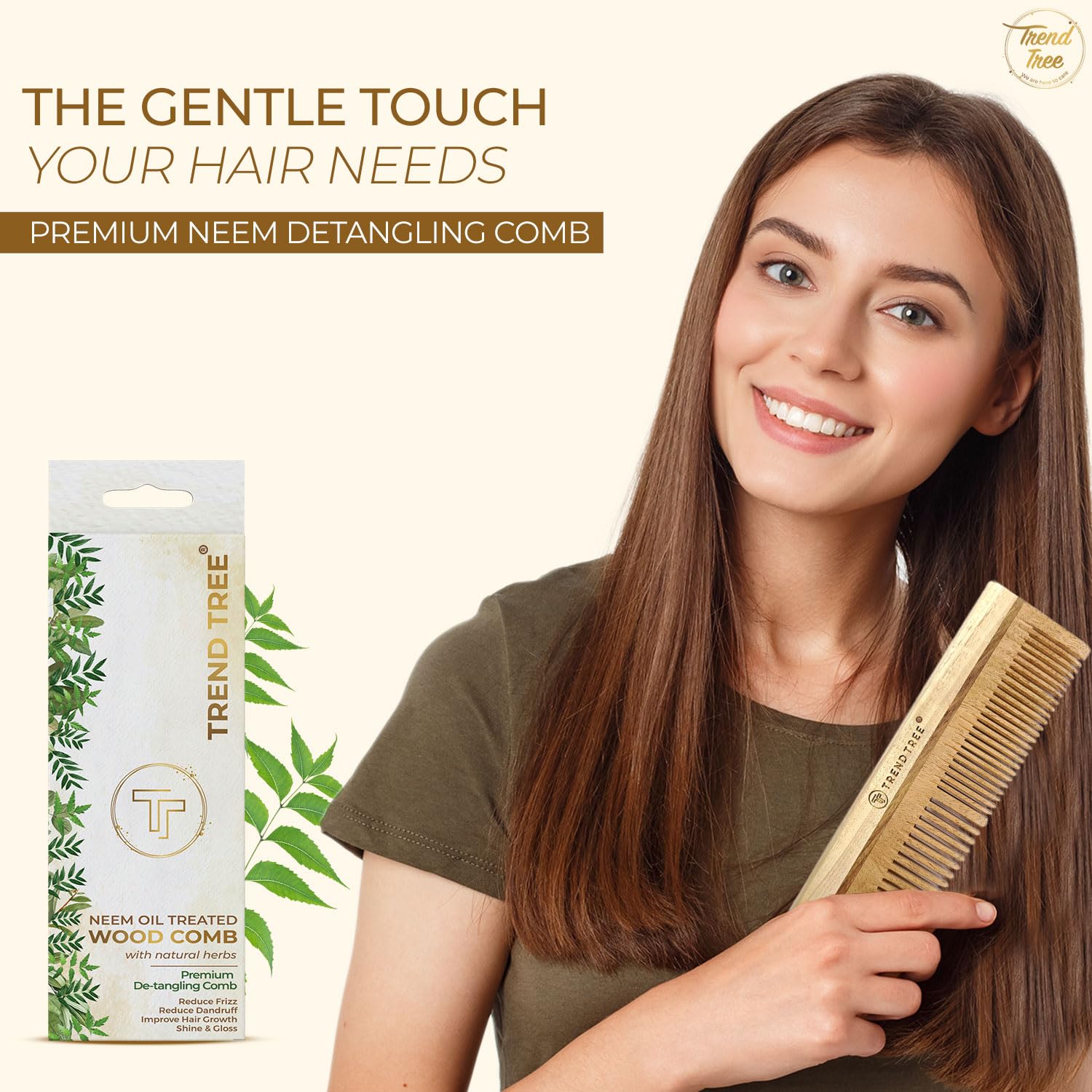 TRENDTREE® Premium Neem Wood Detangling Comb for Thick & Long Hair - Natural Herbs & Neem Oil Treated Dual Tooth Wooden Comb - Gentle Hair Care for Women & Men - Perfect for Daily Styling & Salon Use