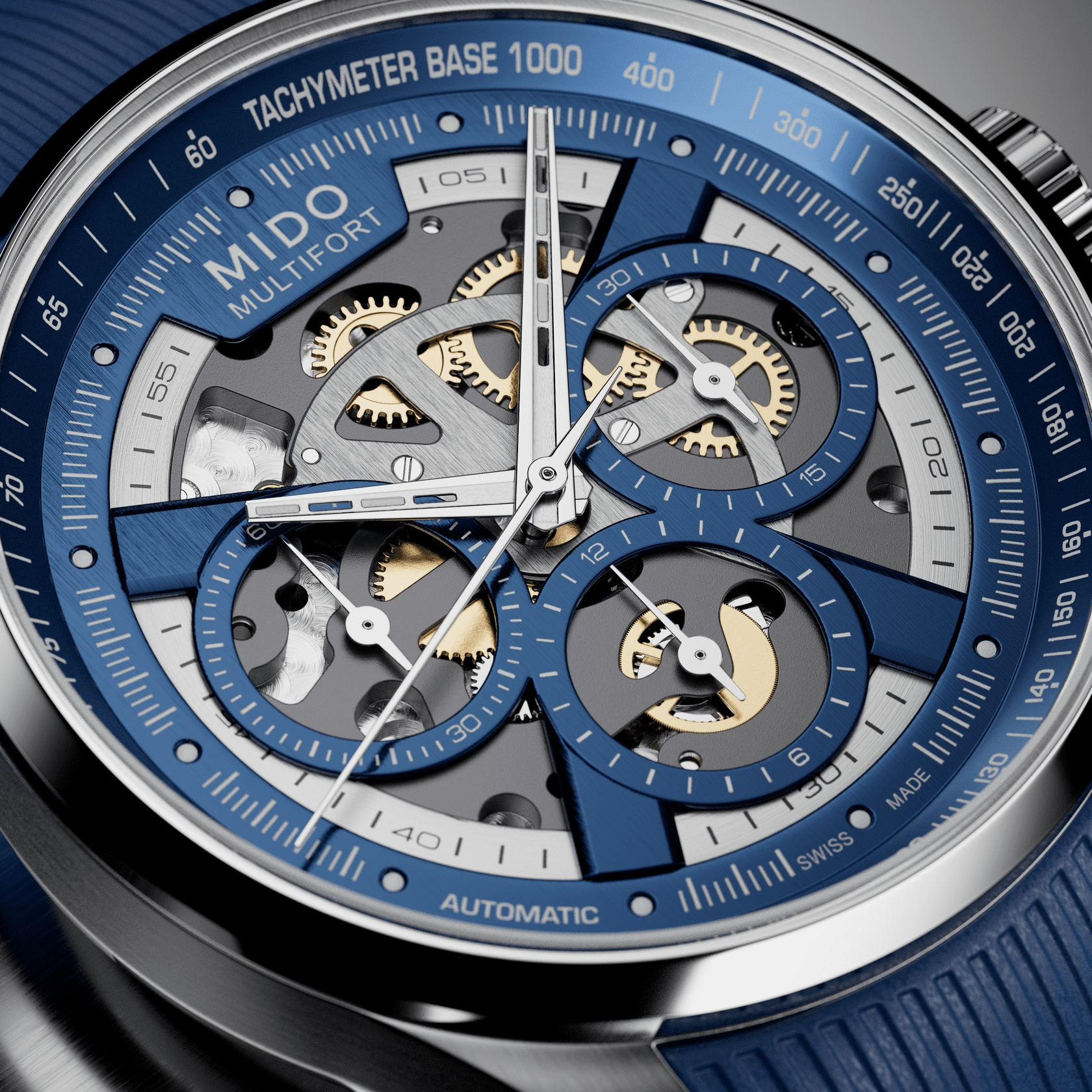 Mido Multifort Skeleton Chronograph 43mm Blue Dial Men's Automatic Watch M0386621704000 | Luxury Swiss Timepiece for Business, Formal & Casual Wear