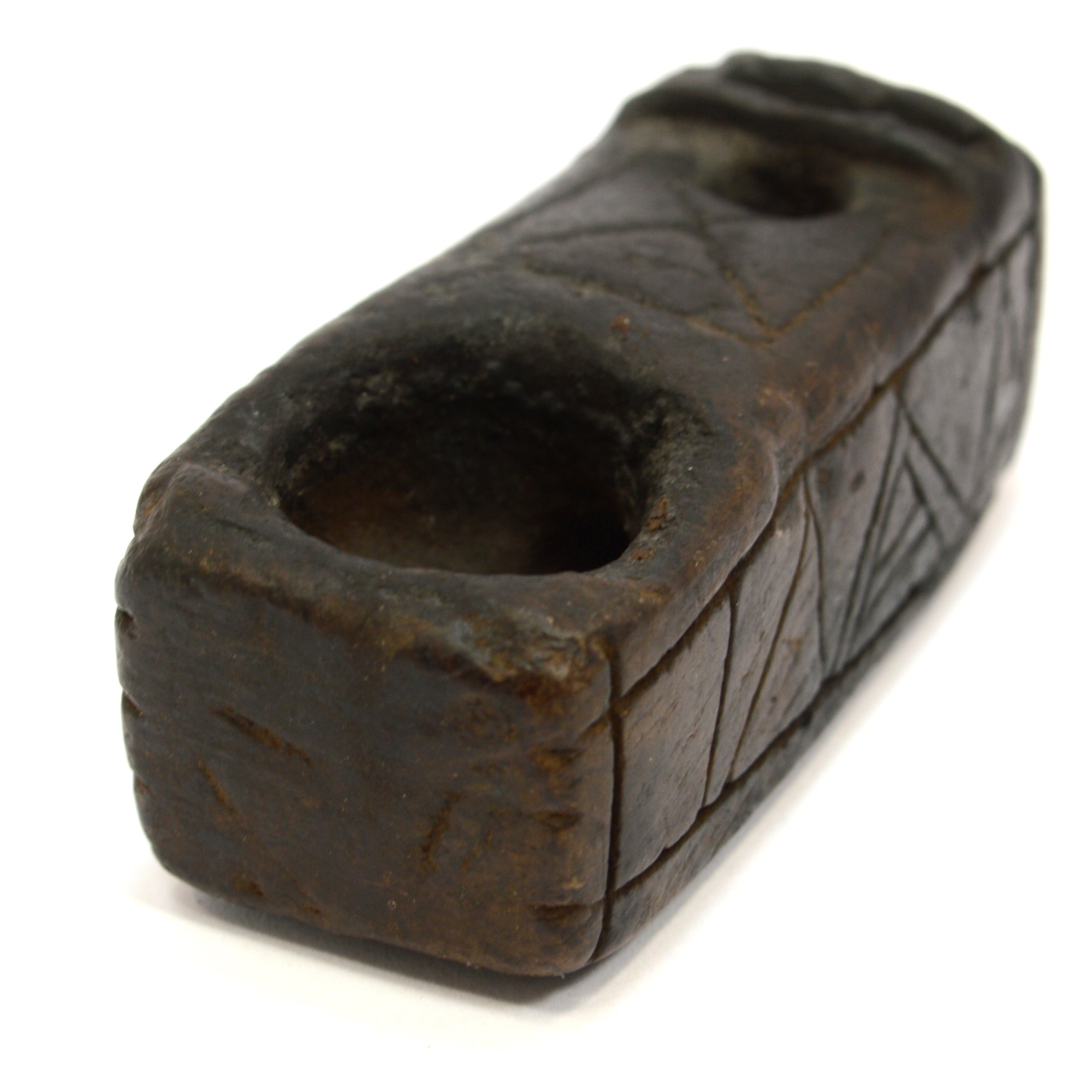 Ancient Steatite Smoking Pipe with Primitive Effigy & Intricate Incised Symbols - Unique Handcrafted Artifact for Collectors & Ritual Use