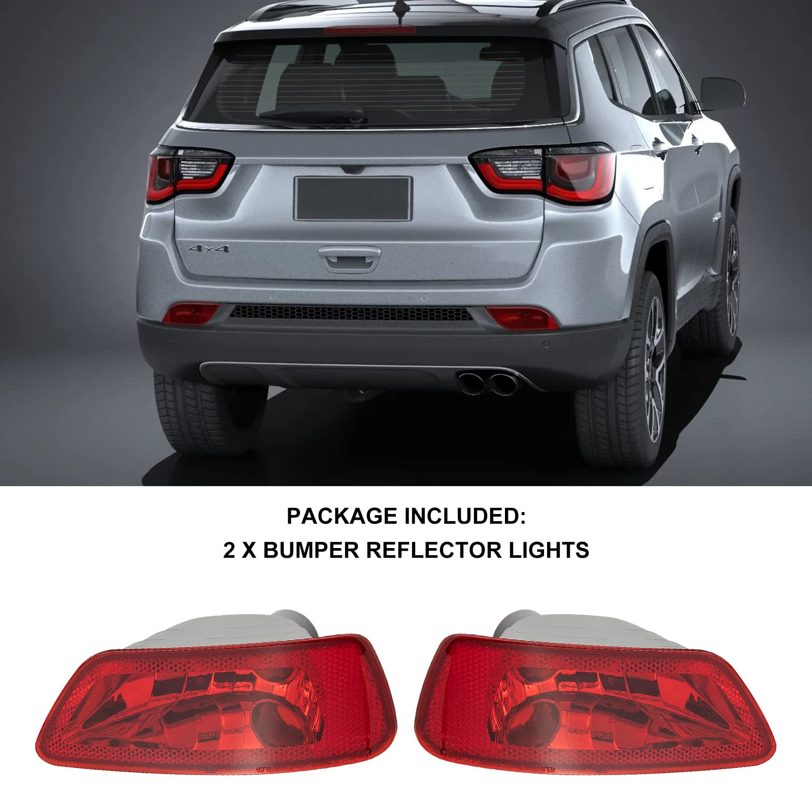 Voilamart Rear Bumper Reflector Lights - Compatible with 2011-2017 Jeep Compass, 2011-2021 Grand Cherokee, 2012-2020 Dodge Journey - Replacement for 57010716AC & 57010717AC - Red Lens Pair (Left+Right) - Enhanced Night Visibility & Safety