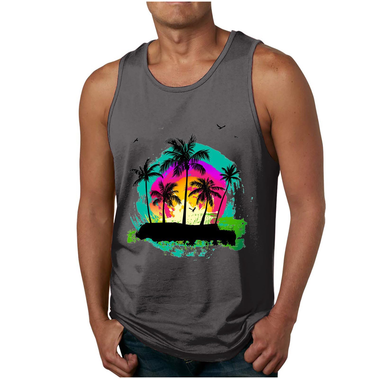 Wodceeke Men's Beach Tank Tops - Sleeveless Summer Gym Shirts with Hawaiian Print | Casual Graphic Muscle Undershirts for Workout, Surfing & Vacation