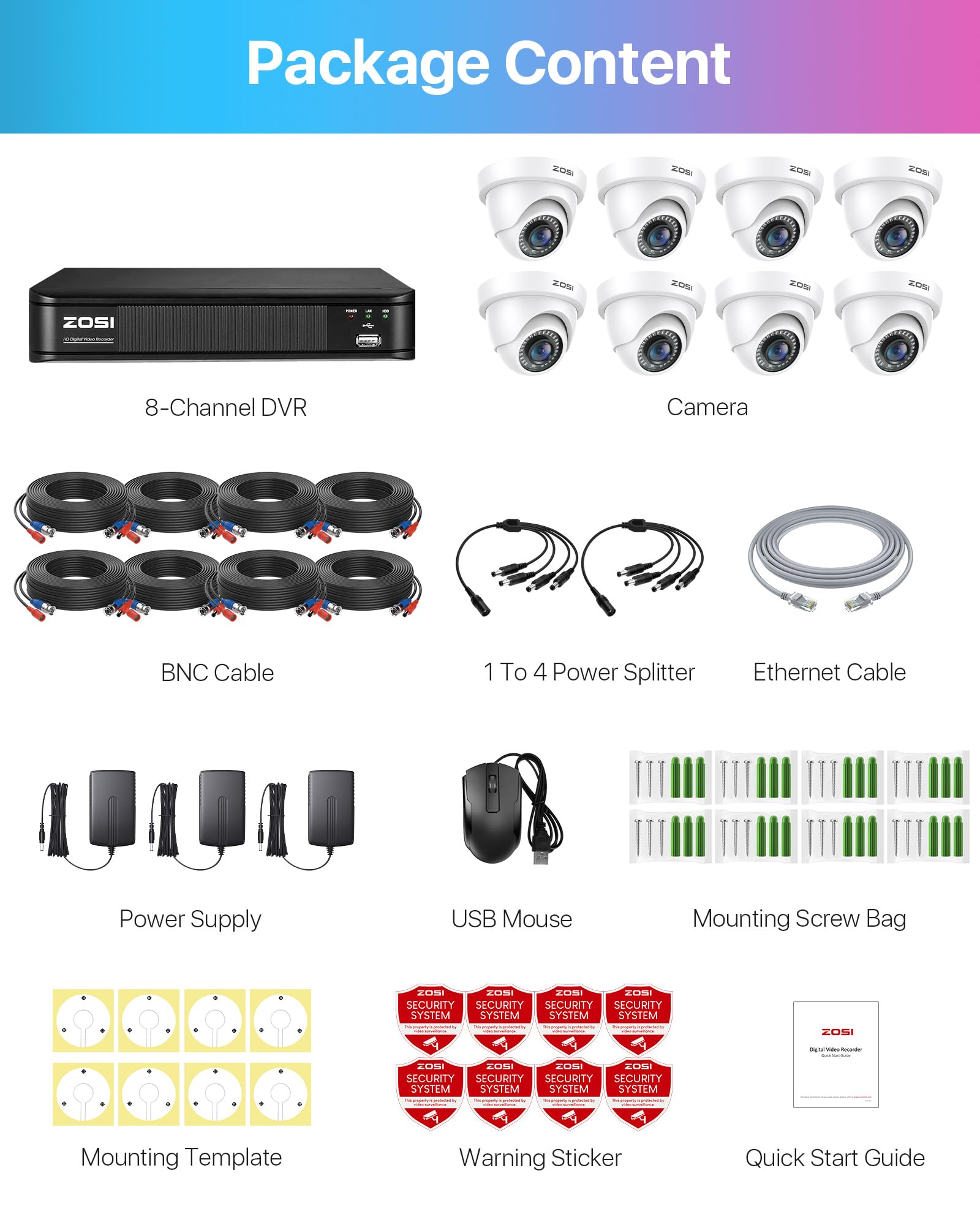 ZOSI 8 Channel 5MP Lite Security Camera System with 8 x 1080p Weatherproof Dome Cameras, H.265+ DVR, 80ft Night Vision & Remote Access - Indoor/Outdoor Home Surveillance (No HDD) - Perfect for House Monitoring, Business Security & Property Protection