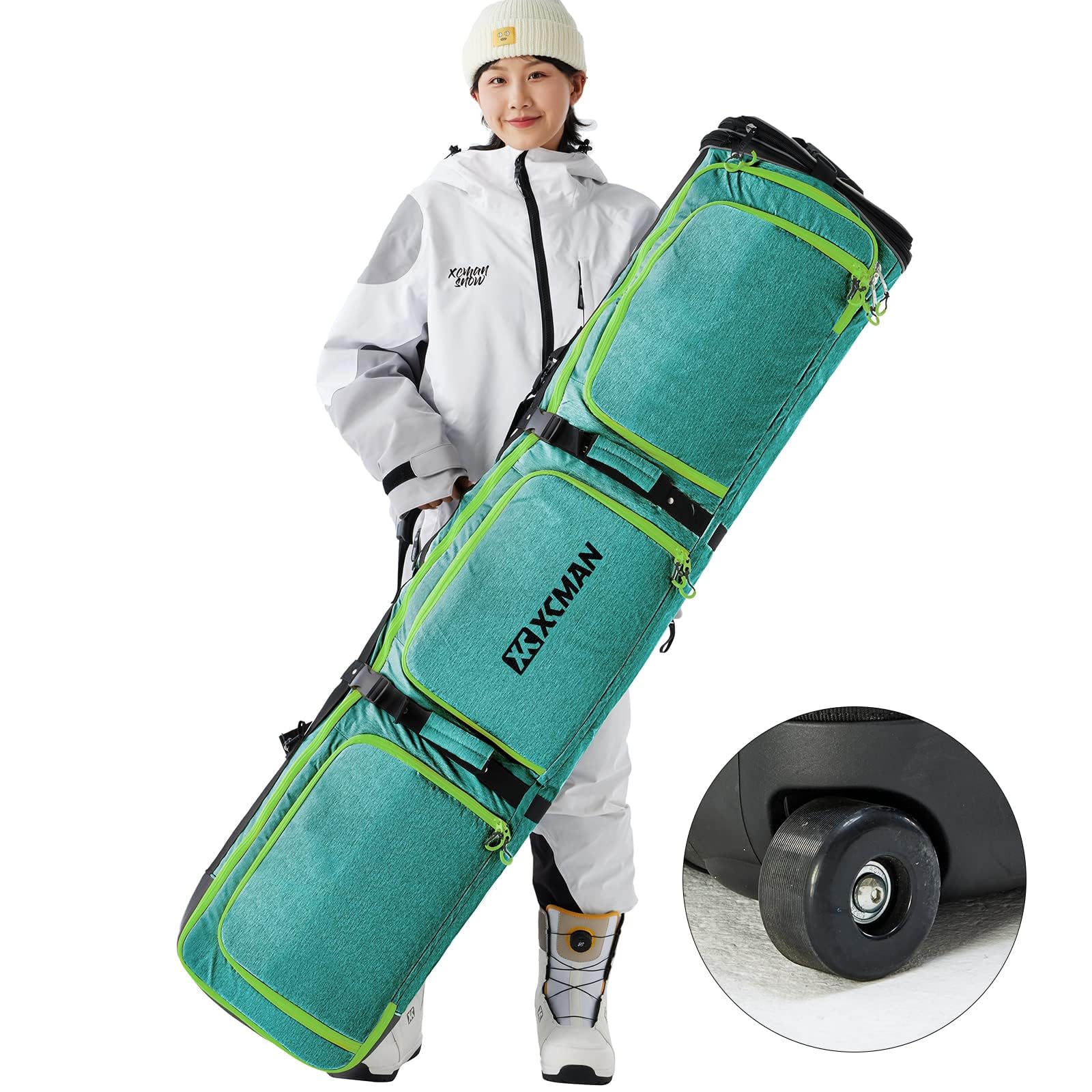 XCMAN Adjustable Length Roller Snowboard Bag with Wheels - Durable Travel Case for Snowboarding Gear - Perfect for Airports, Slopes & Winter Sports Trips