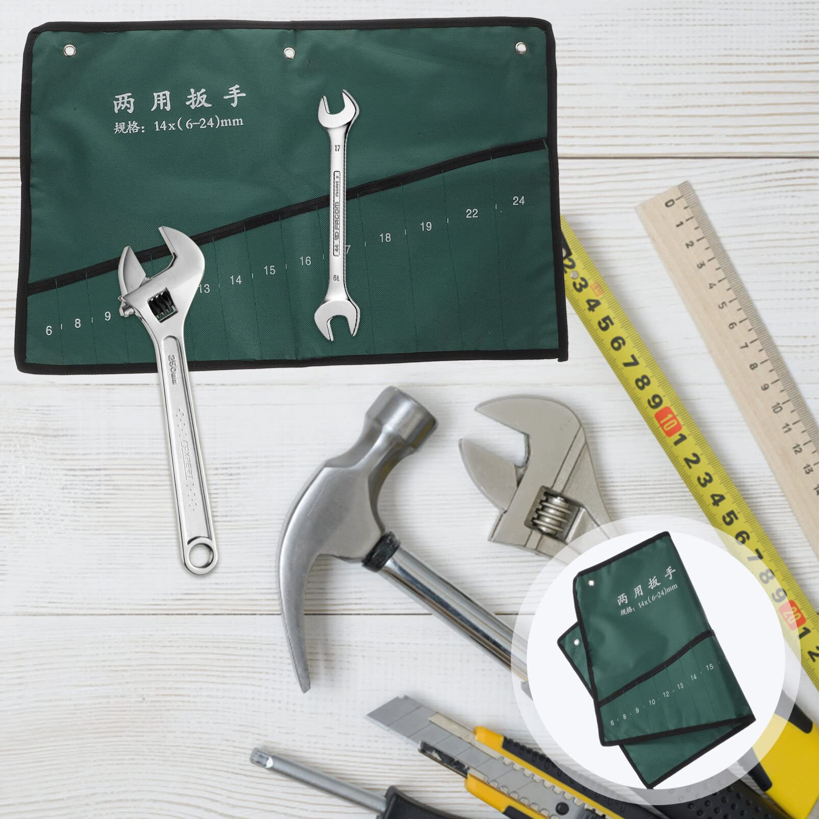 UEETEK 14-Pocket Canvas Spanner Wrench Roll-Up Tool Organizer Bag | Durable Tool Storage Pouch for Mechanics & DIY Projects | Workshop, Garage & Job Site Use