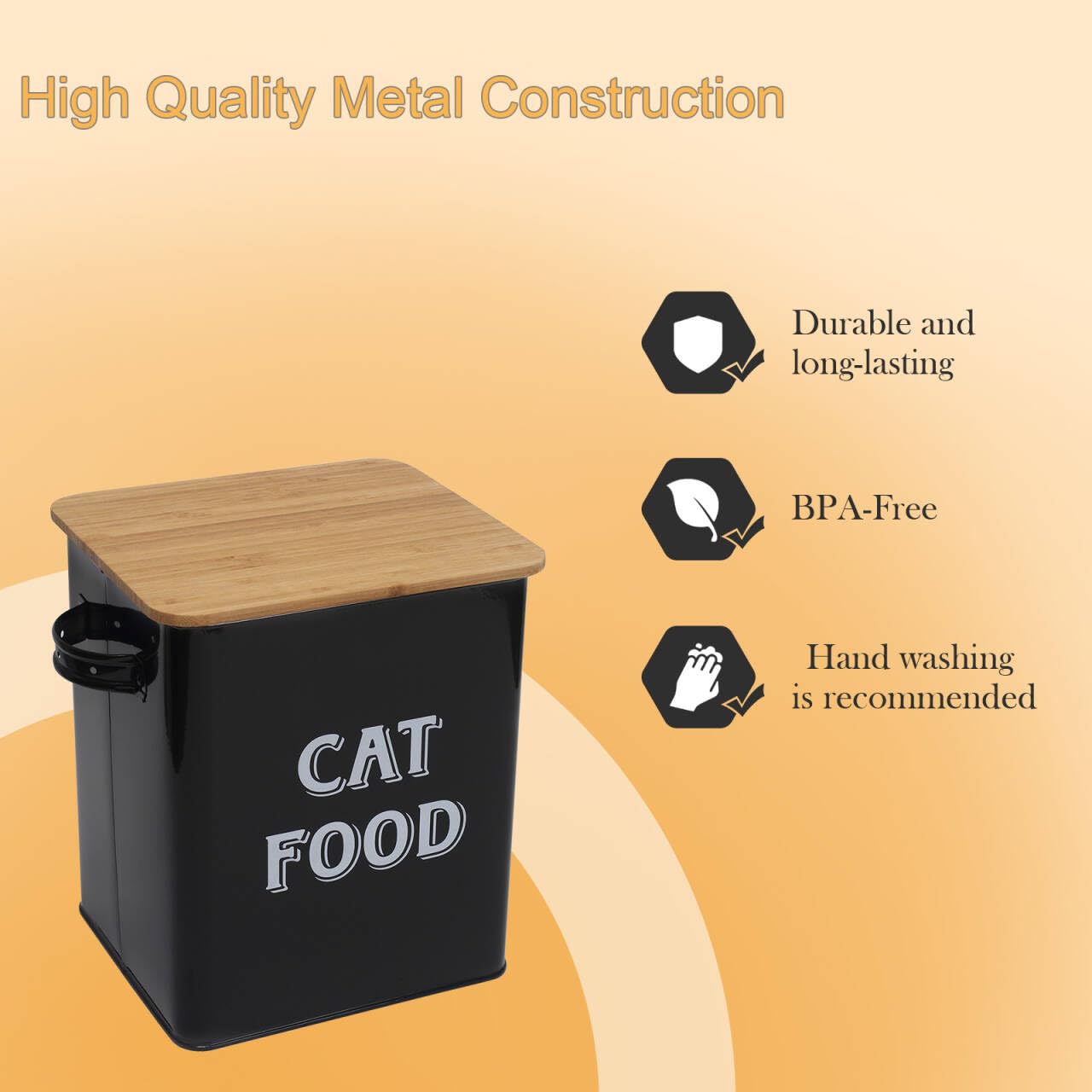 Premium Cat Food and Dog Treat Storage Containers with Scoop - Airtight Wood Lids, Durable Carbon Steel Canisters - Pet Food Storage Solution for Kitchen, Pantry or Pet Feeding Station (Black)
