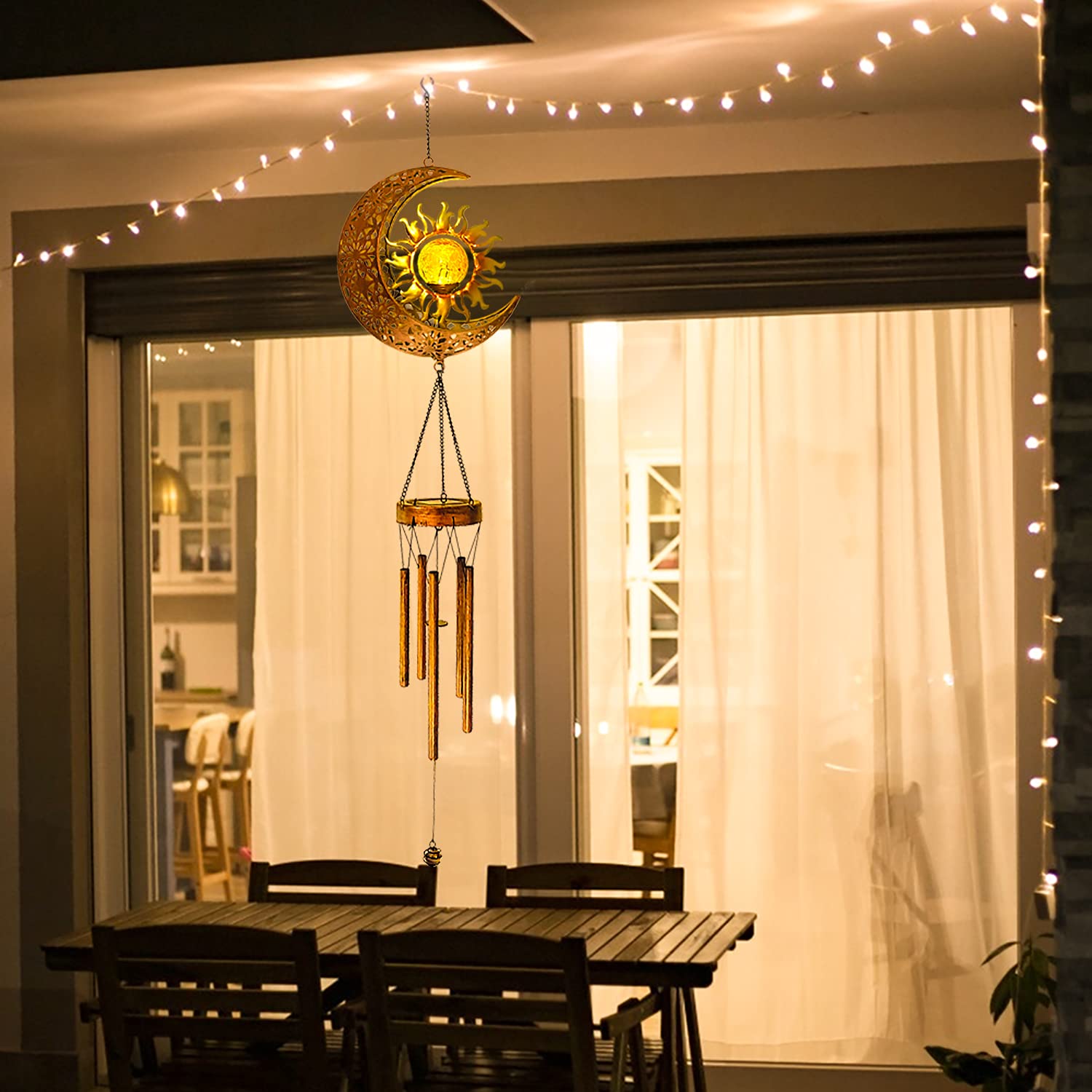 Solar Powered Wind Chimes with LED Lights - Waterproof Outdoor Hanging Decor for Garden, Patio, Yard - Cracked Glass Ball Moon & Sun Design - Perfect Gift for Women, Birthday, Housewarming - Creates Relaxing Ambience for Evening Gatherings & Meditation Spaces