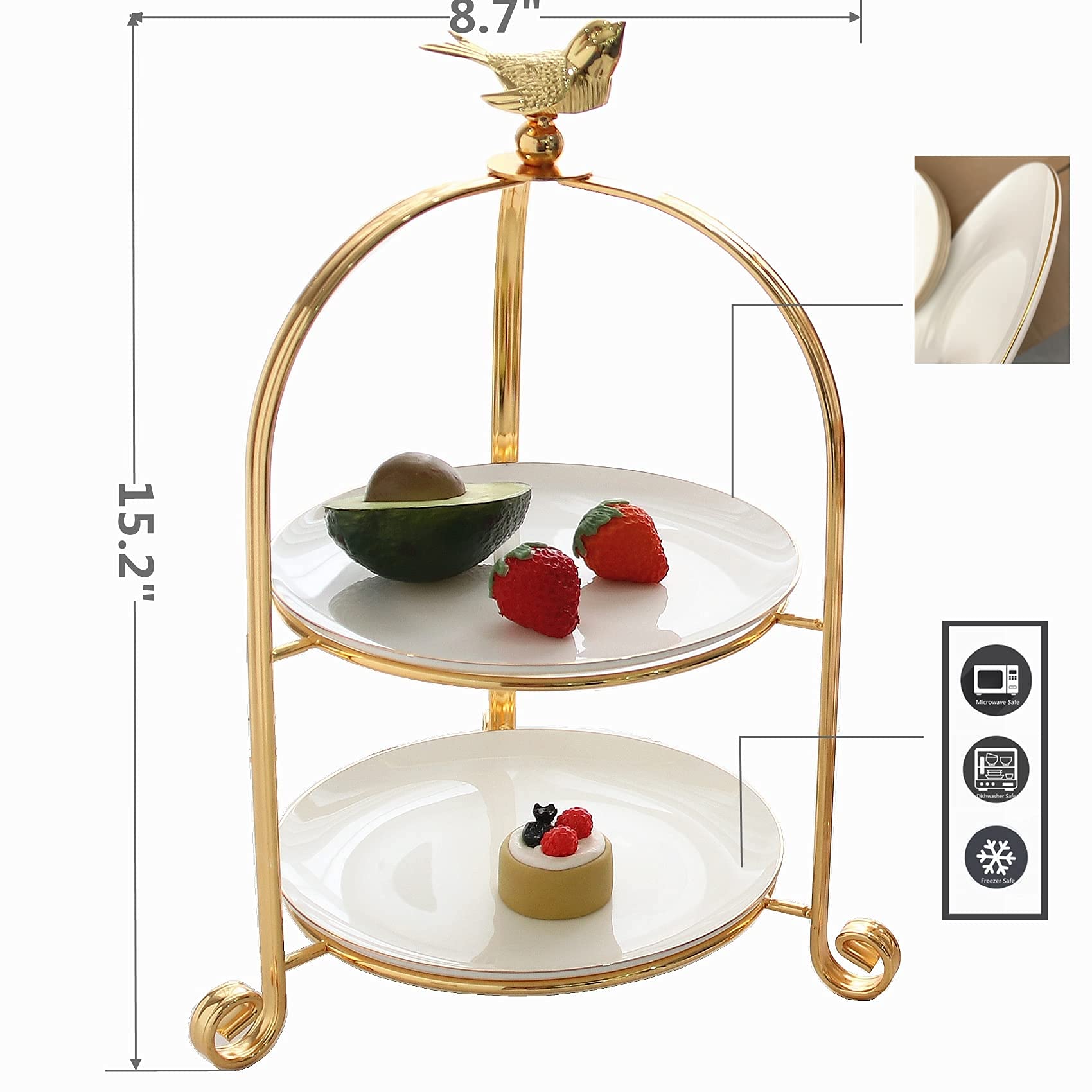 2 Tiered Cake Stand - Elegant Metal Dessert Display Stand for Tea Party, Wedding, or Afternoon Tea - Includes 2 White Bone China Plates with Gold Edges (Gold, 2 Tier) - Perfect for Birthday Parties, Bridal Showers & Special Events