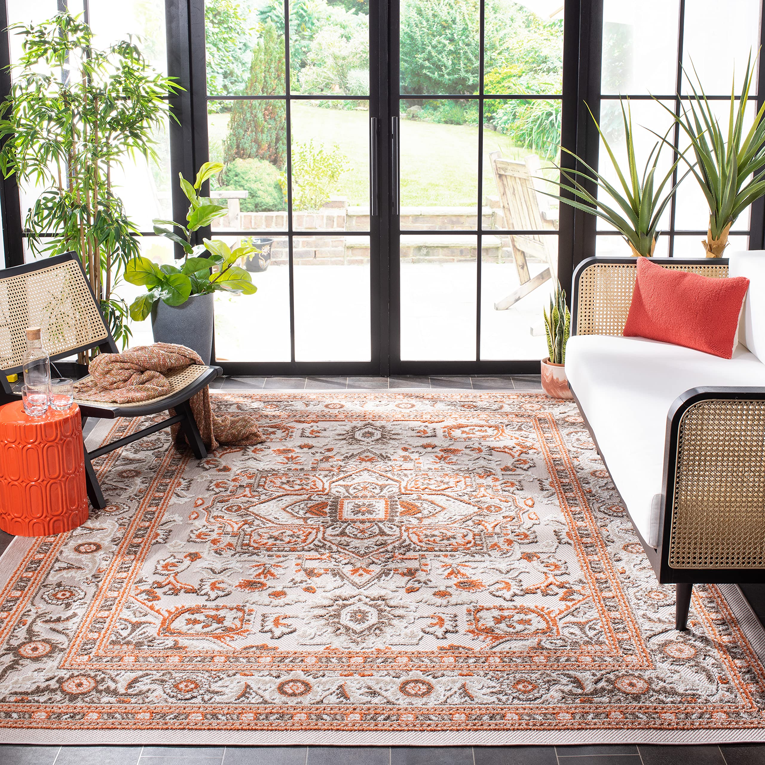 SAFAVIEH Cabana Collection 9' x 12' Beige & Orange Area Rug - Non-Shedding, Easy Care, Stain Resistant for High Traffic Areas - Perfect for Living Room, Bedroom, Dining Room & Home Office Decor (CBN680B)