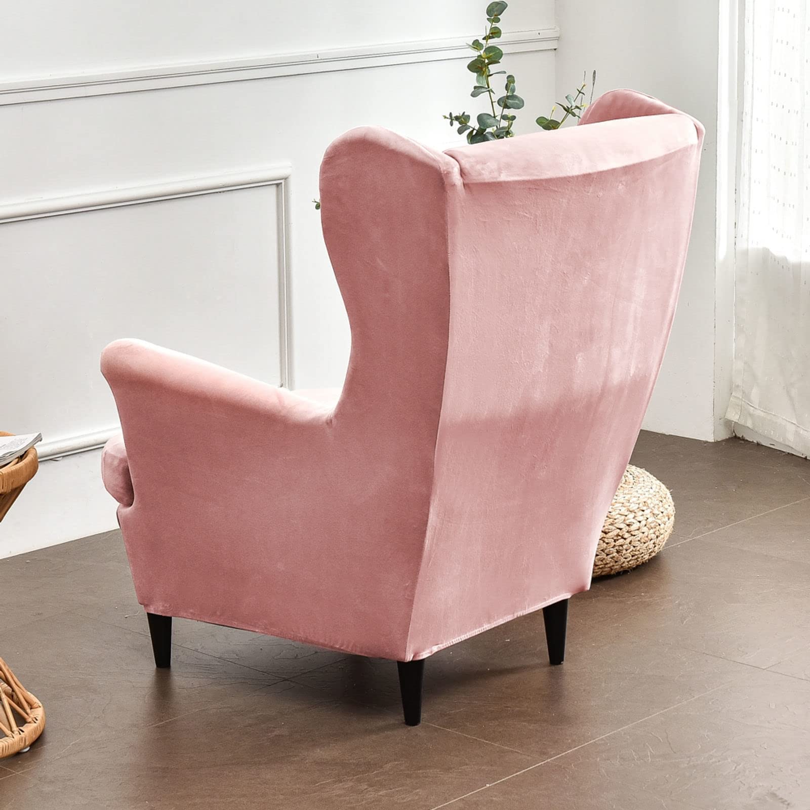 Velvet Stretch Wing Chair Slipcover - 2 Piece Wingback Chair Cover with Elastic Bottom, Soft Armchair Protector for Living Room, Bedroom, Office - Pink Wing Chair Slipcover for Home Decor & Comfort