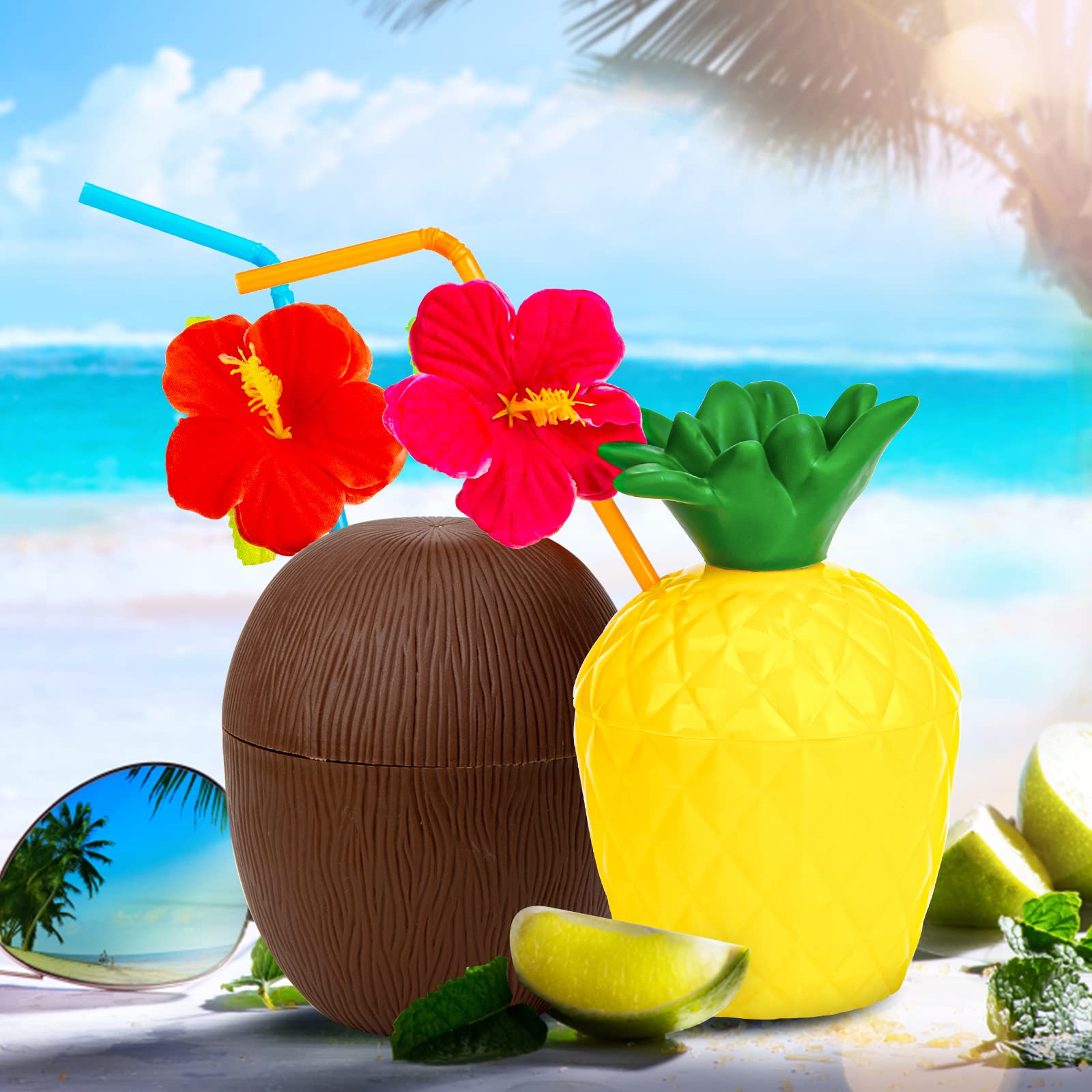 12PCS Pineapple Coconut Cups with Lids & Straws - Tropical Hawaiian Themed Reusable Drinkware for Beach Parties, Luau Celebrations, Birthday Events & Summer Gatherings - BPA-Free Plastic Cocktail Cups for Poolside Drinks and Outdoor Entertaining