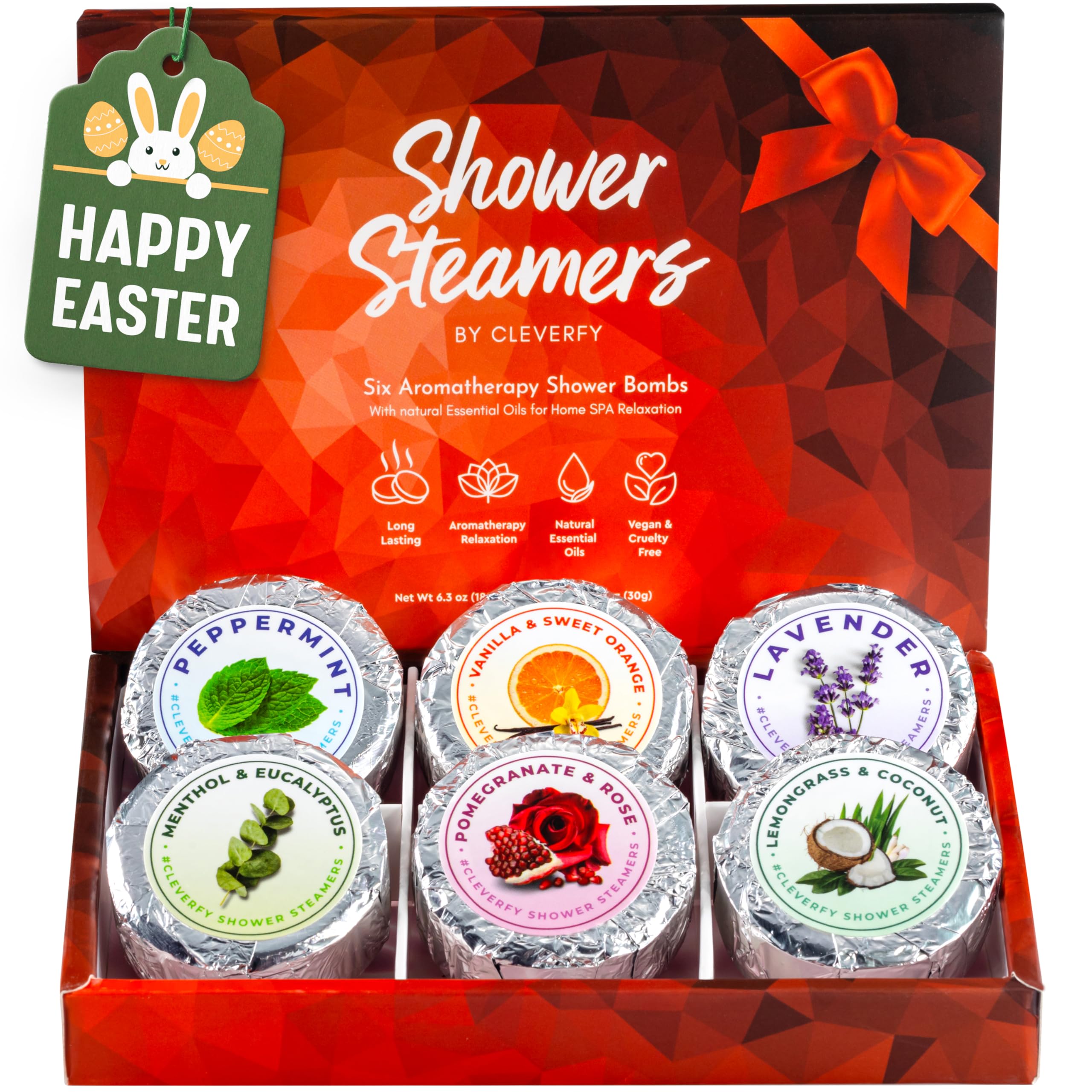 Cleverfy Aromatherapy Shower Steamers - 6-Piece Red Variety Set | Stress Relief & Relaxation for Spa-Like Shower Experience