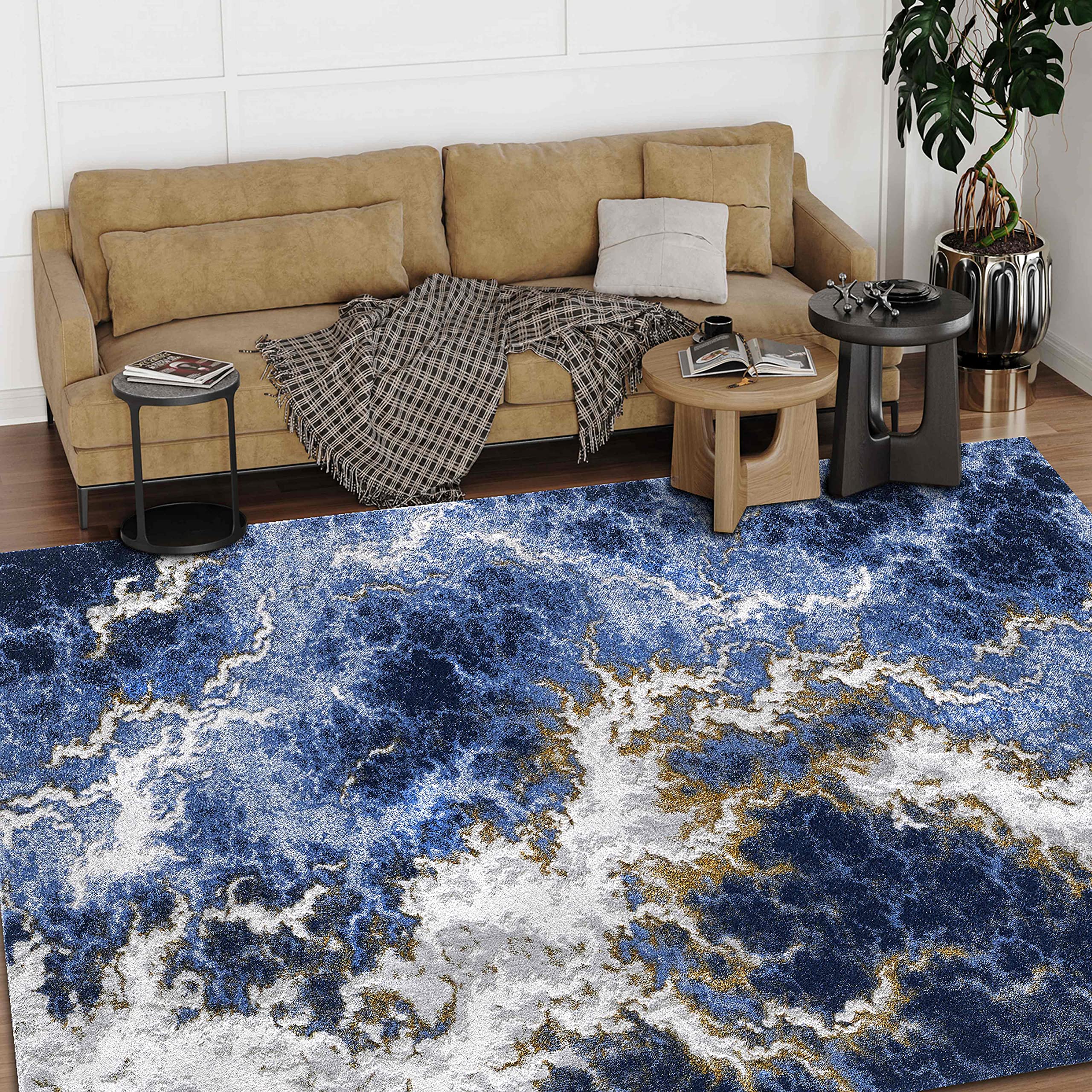 Boho Abrash Area Rug - Navy Blue, Gold & Multi-Color Abstract Thunder Design - Ultra Soft Thick Pile Non-Shedding Living Room Carpet - Perfect for Bohemian Decor, Bedroom Accent & Cozy Home Office Flooring
