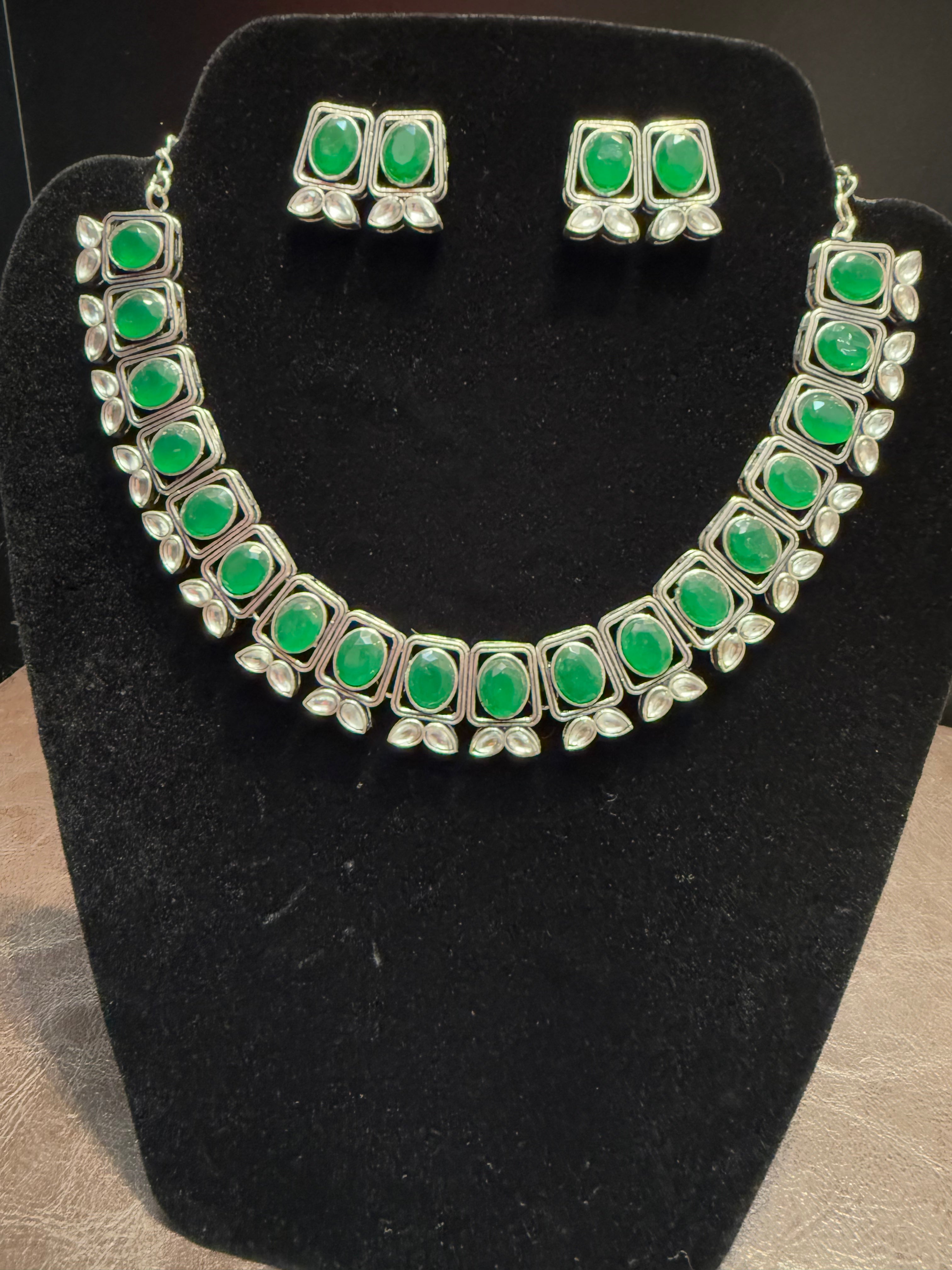 Elegant Green Oxidized Necklace and Earrings Set with Silver Stones | Perfect for Parties, Weddings & Special Occasions