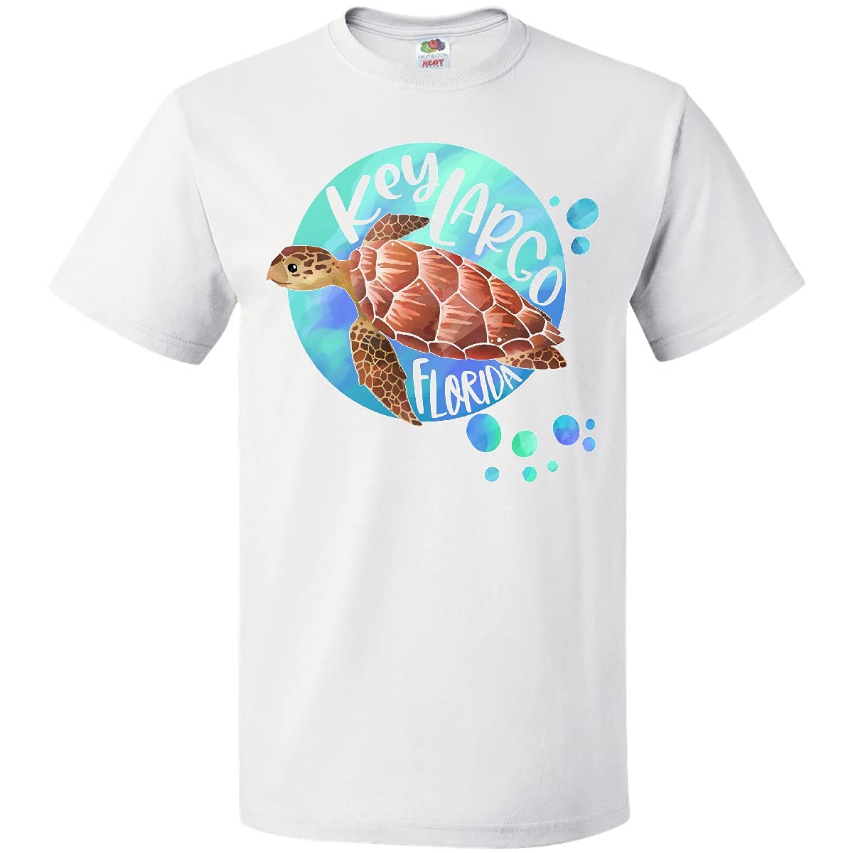 Inktastic Key Largo Florida Swimming Sea Turtle with Bubbles Graphic T-Shirt - Comfortable Casual Wear for Beach Vacations & Ocean Lovers