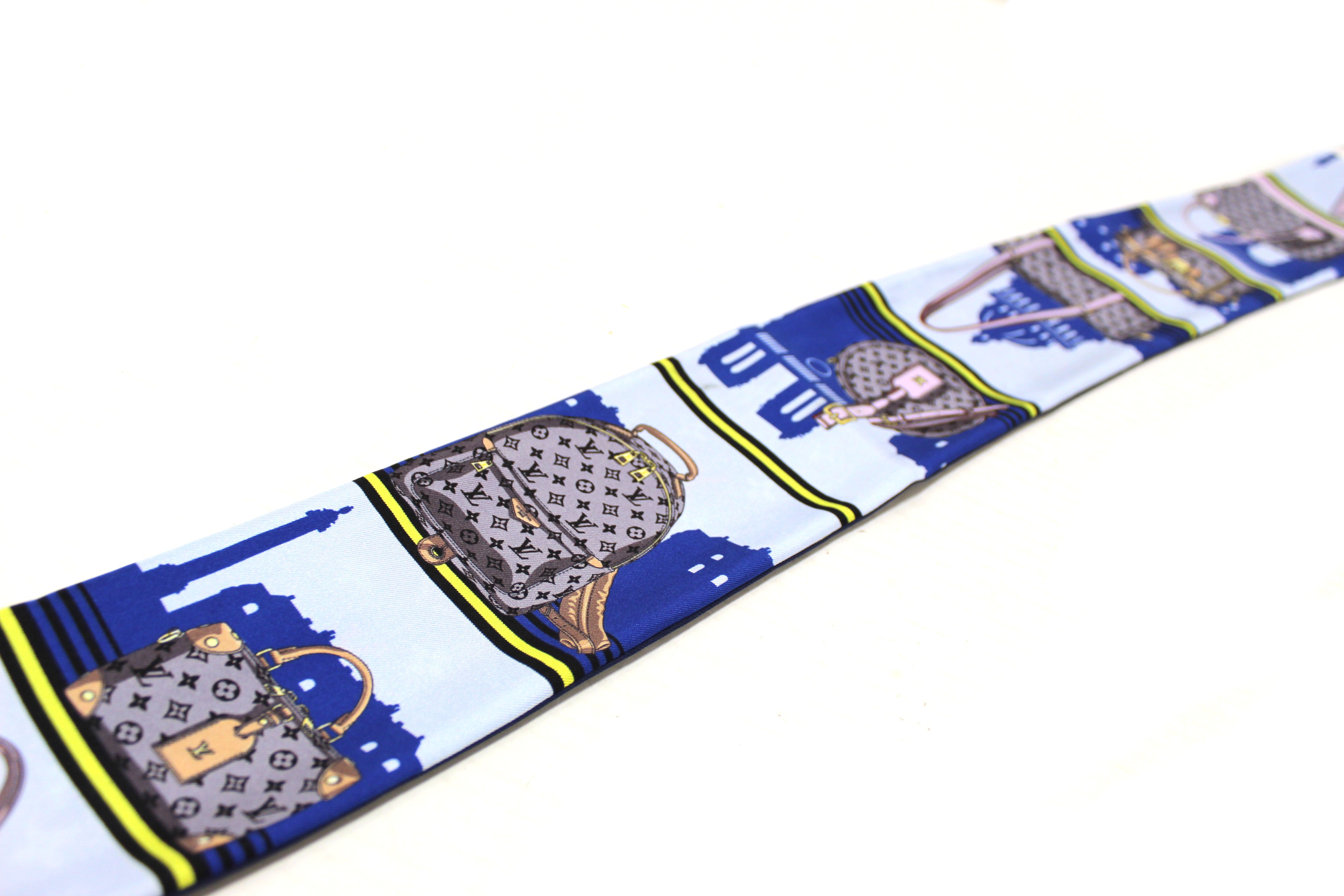Authentic Louis Vuitton Blue Silk Monogram Skyline Bandeau Scarf - Luxury Fashion Accessory for Women, Perfect for Travel, Parties & Gifts