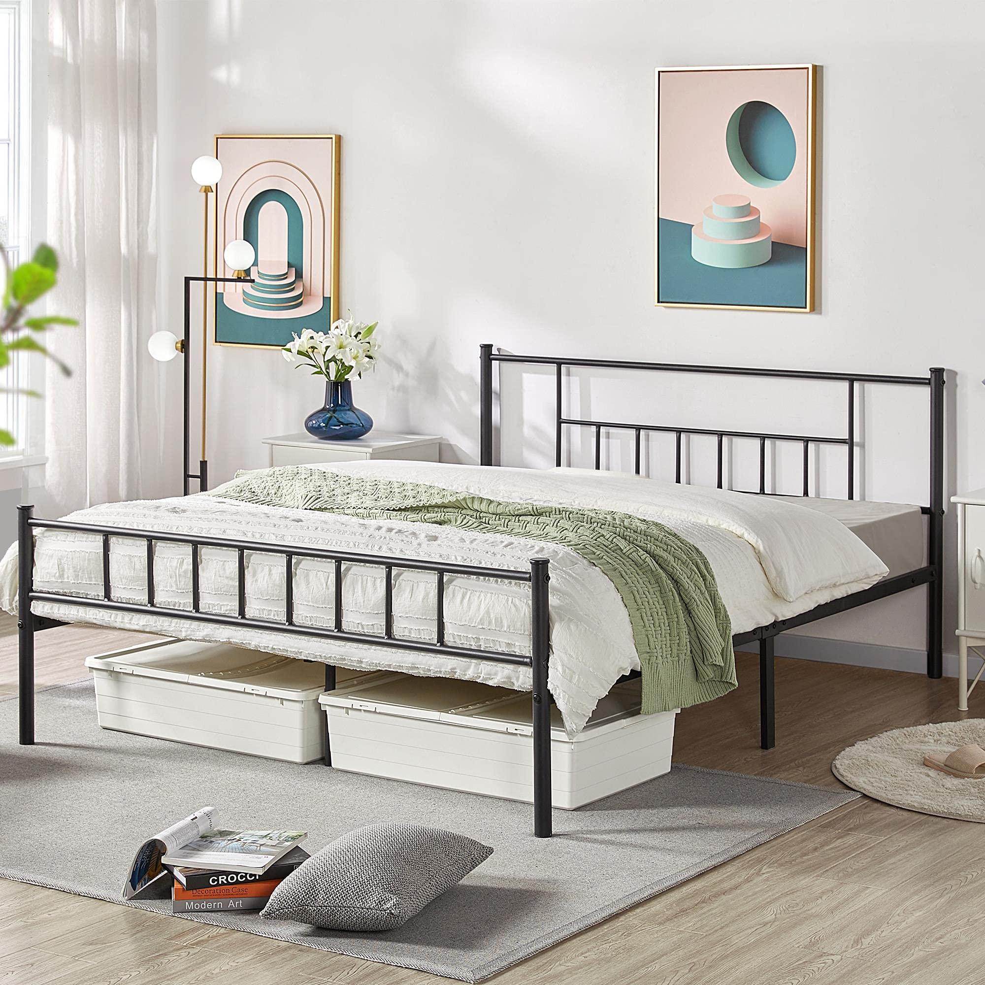 Yaheetech Black Wrought Iron Double Bed Frame with Vertical Tube Headboard & Metal Slats - 160x200cm (63x79 inches) Queen Size Bed for Bedroom, Guest Room, Dorm - Sturdy Metal Platform Bed with Noise-Free Support