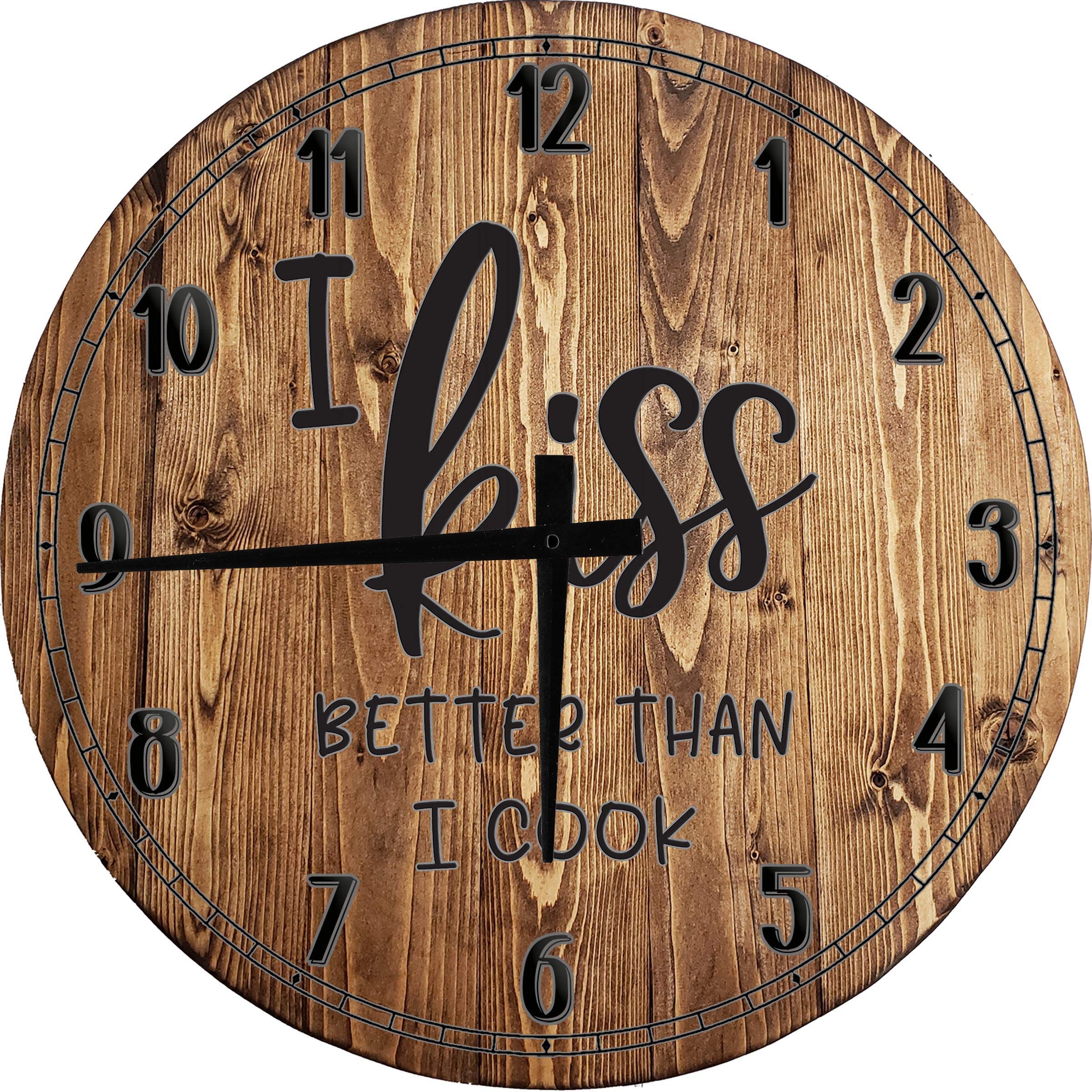 Funny Chef Wall Clock - 'I Kiss Better Than I Cook' Baking Theme 24 Inch Round Brown Wall Art Decor for Kitchen, Dining Room, or Bakery