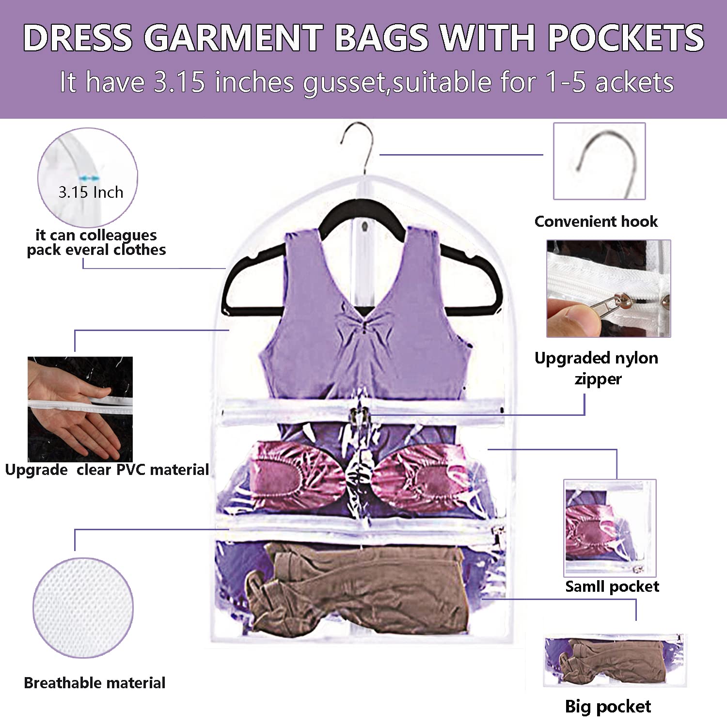 35 Inch Clear Kids Dance Garment Bag - Waterproof PVC Hanging Clothes Organizer with 3 Pockets for Dance Costumes, Sports Wear & Skating Outfits | Perfect for Theatre Performances, Beauty Pageants & Travel Storage