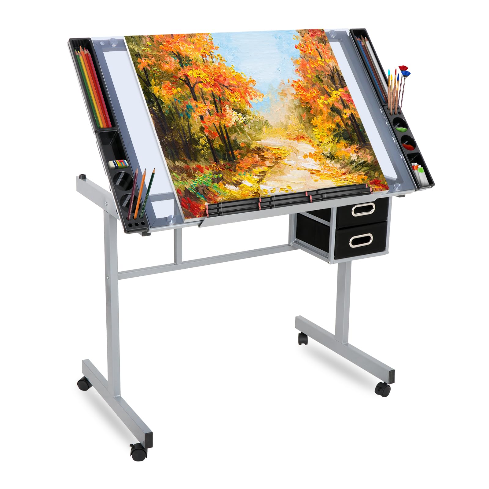 Adjustable Height Glass Top Rolling Drafting Table - Art & Craft Workstation with Drawers & Wheels for Home Office, Studio, and Creative Workspaces
