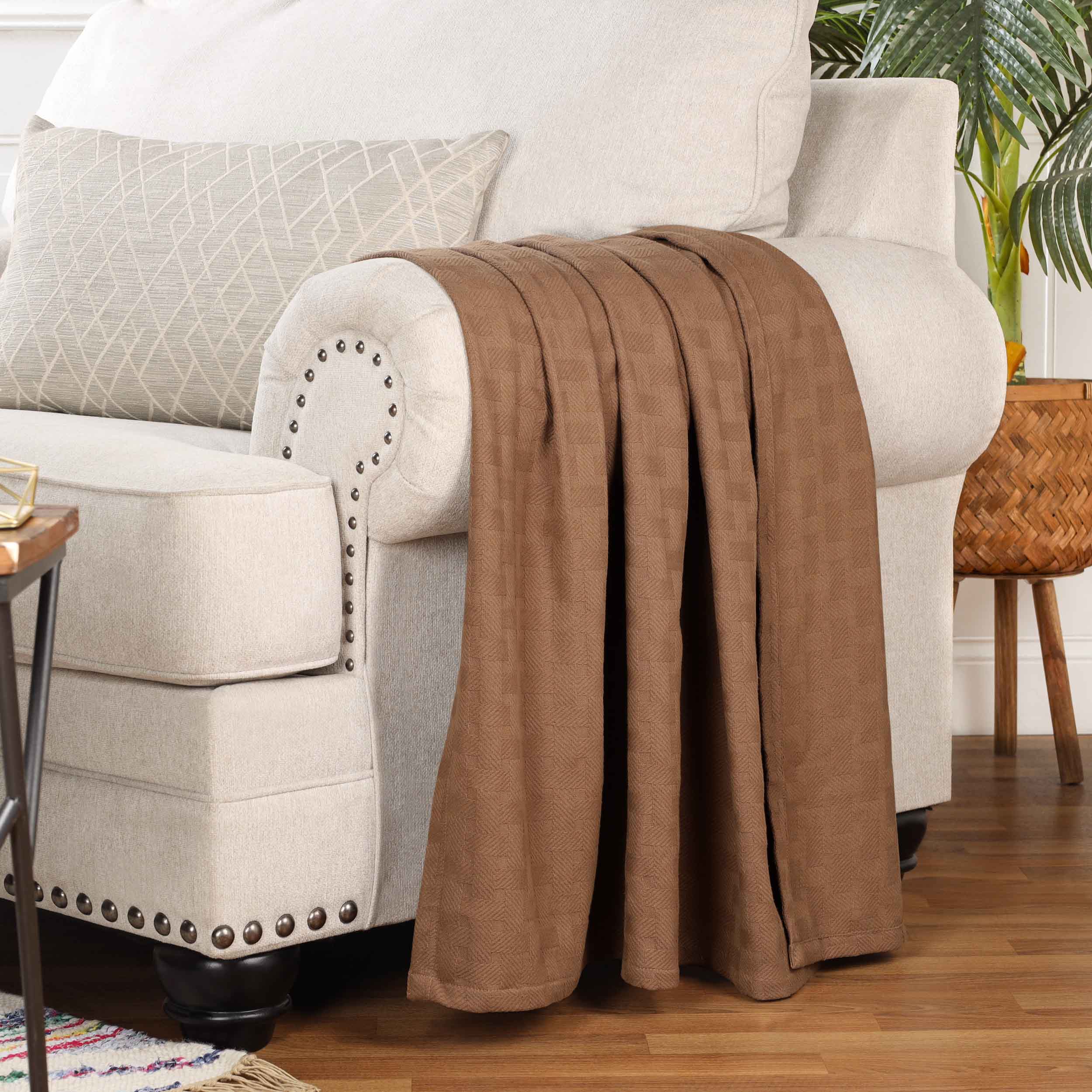 Soft Basketweave All-Season Cotton Bed Blanket & Sofa Throw - Lightweight Breathable Blanket for Bedroom, Living Room, Travel and Outdoor Use