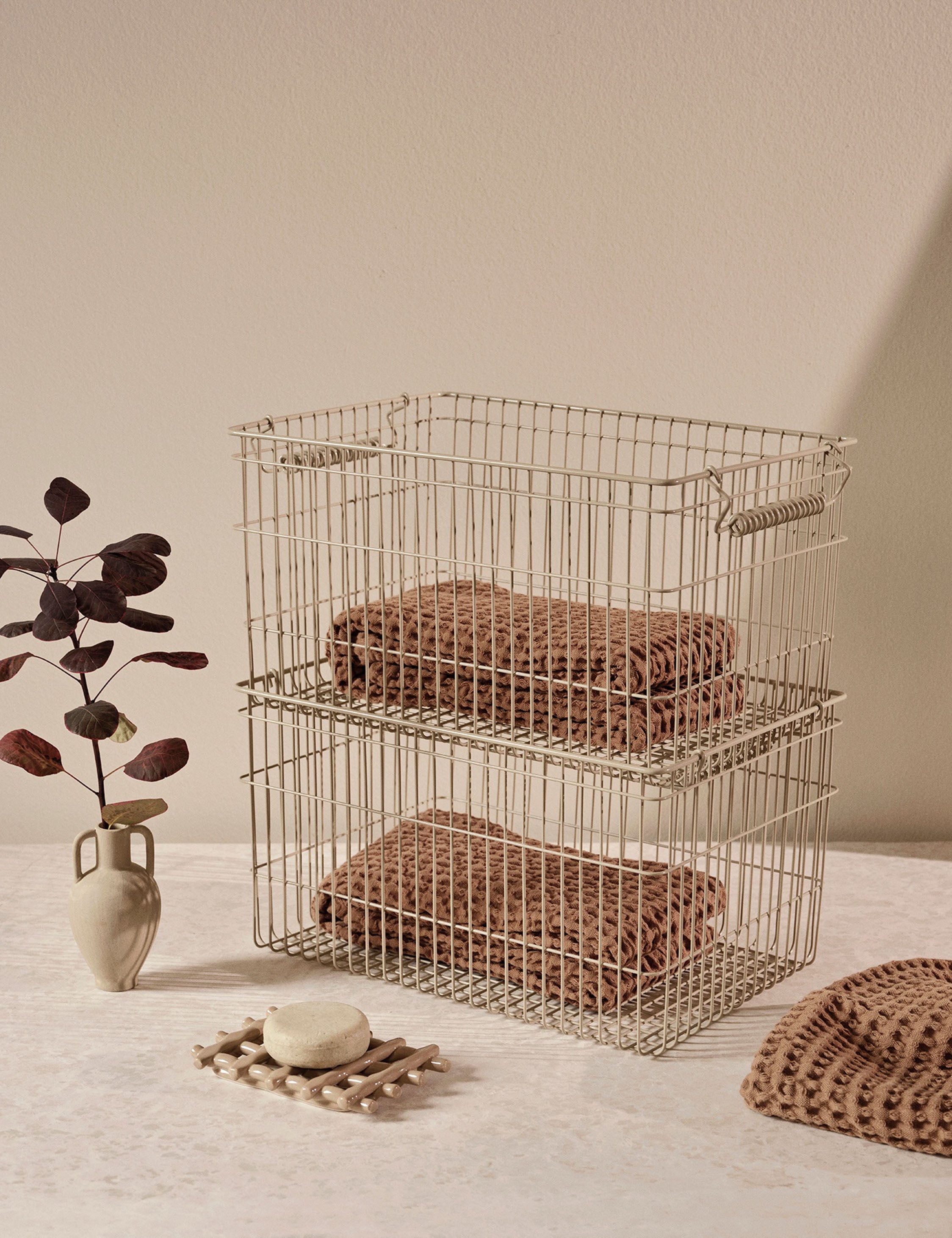 Ferm Living Cala Stackable Baskets - Set of 2, Woven Storage Bins for Home Organization - Perfect for Bathroom, Bedroom, or Kitchen Storage