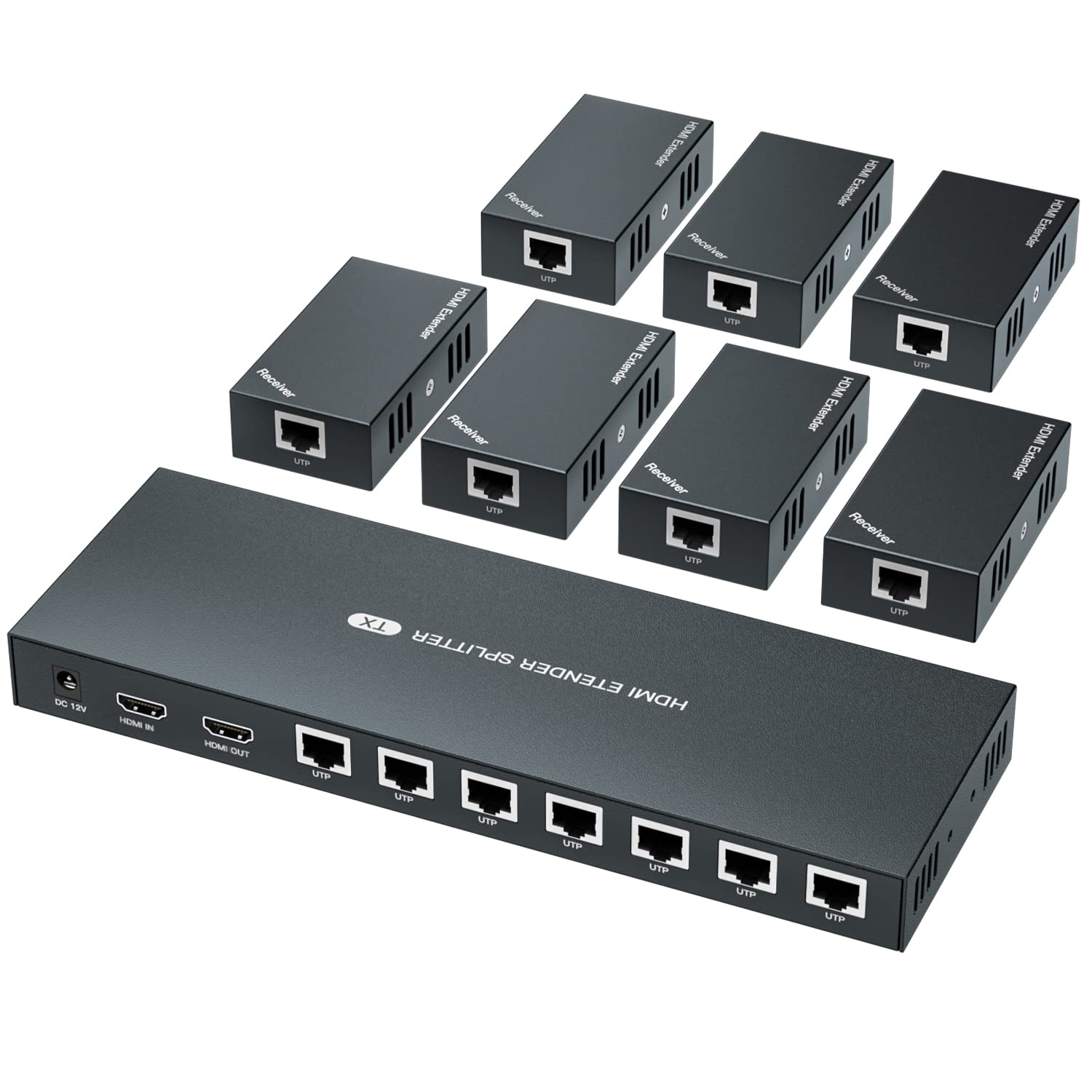 Premium 1x7 HDMI Extender Splitter - 1080P@60Hz Over Cat5e/6/7 Ethernet Cable (50m/164ft) with EDID Copy & POC Function | Supports 7 Displays Simultaneously | Ideal for Home Theater, Conference Rooms & Digital Signage