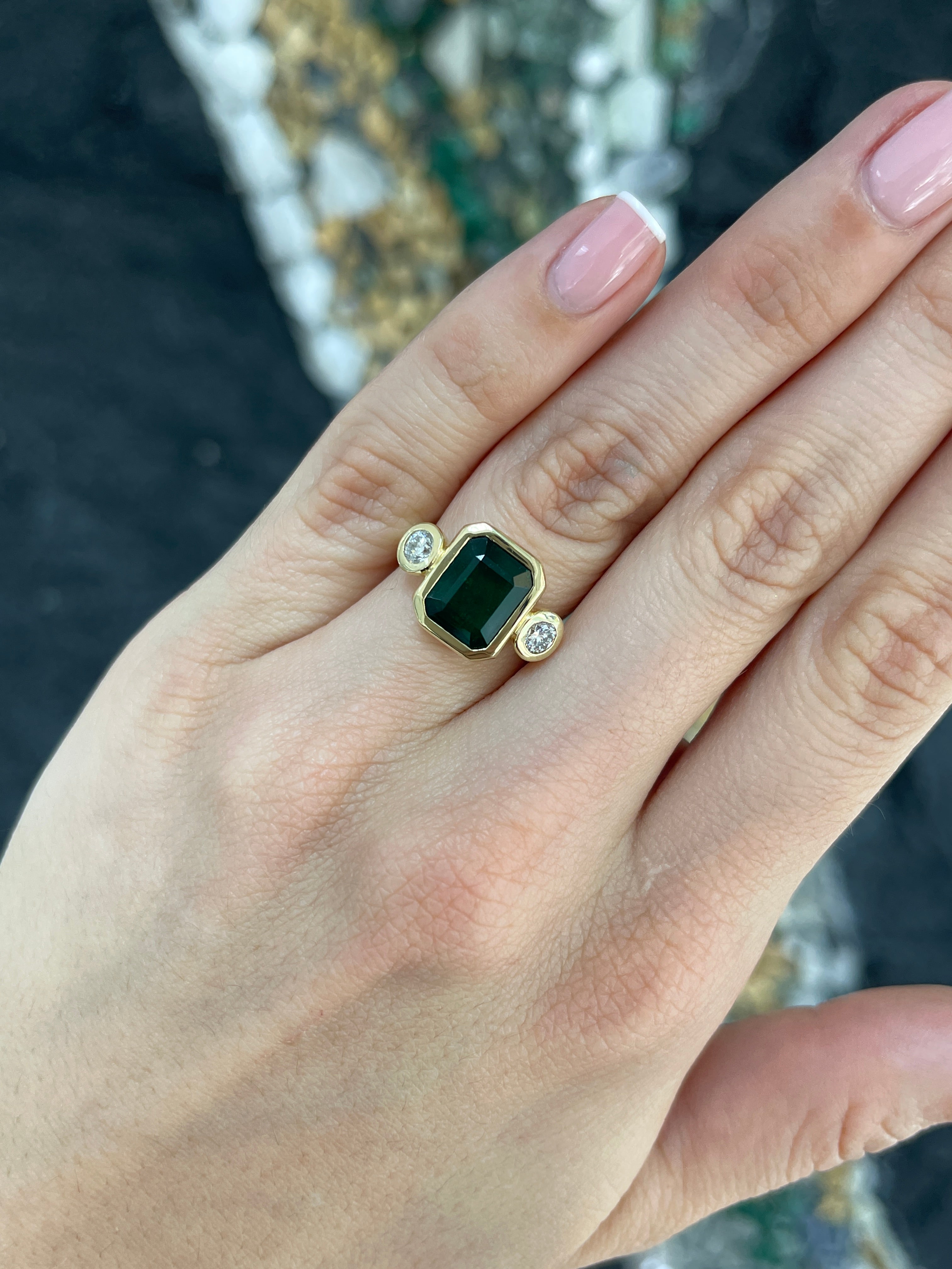 4.58tcw Natural Dark Emerald & Round Diamond Three Stone Ring in 18K Gold - Elegant Engagement, Anniversary or Gift Jewelry for Women