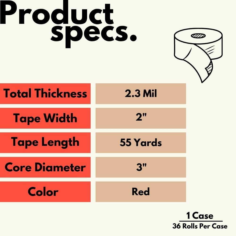 PSBM 2 Inch x 55 Yards PVC Packing Tape - 36 Pack Red Shipping Tape for Dispenser Refill | Ideal for Moving, Storage & Package Sealing | Durable Adhesive for Home, Office & Warehouse Use