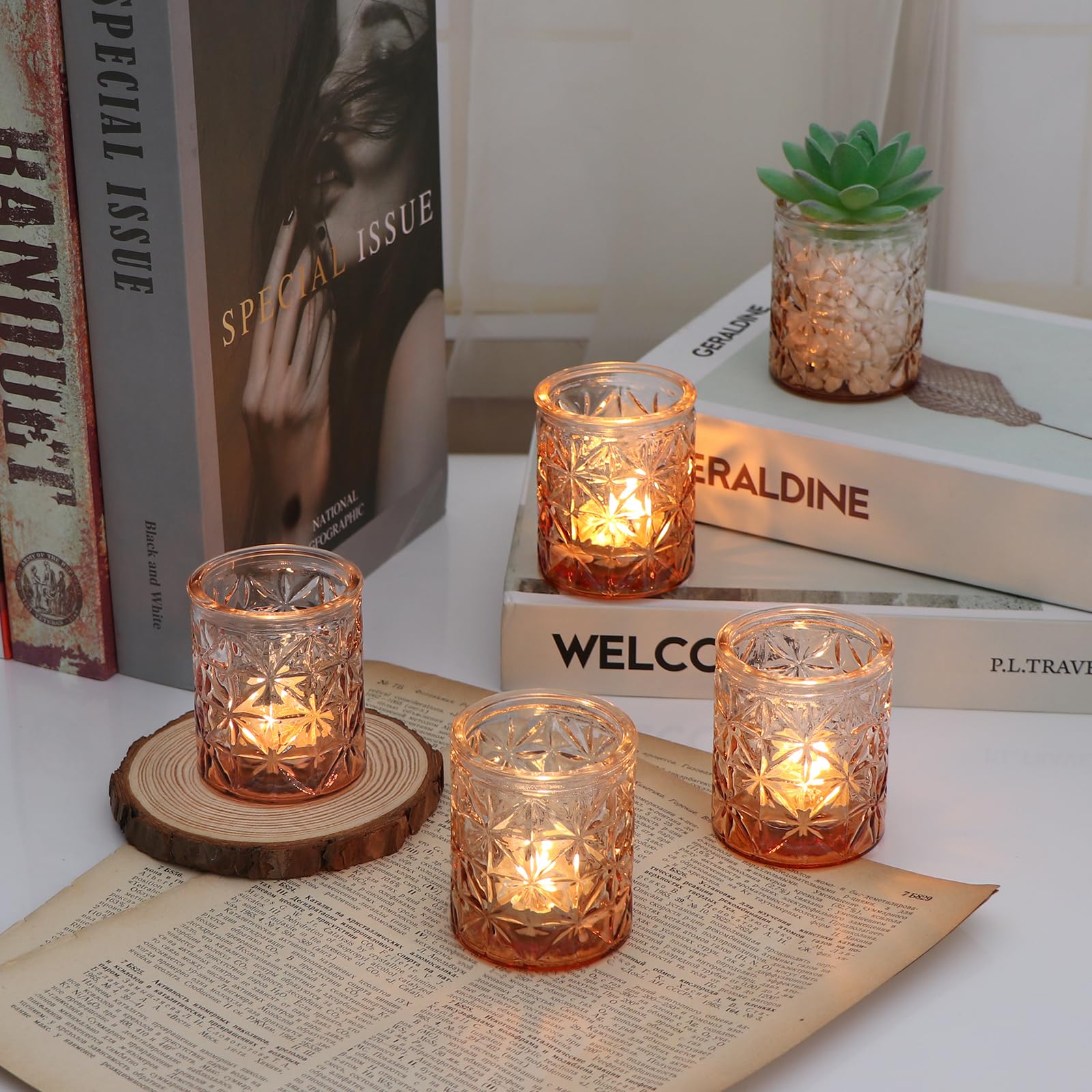 24-Piece Amber Glass Votive Candle Holders Set - Elegant Tea Light Candle Holders for Wedding Centerpieces, Holiday Table Decor, Romantic Dinner Ambiance & Home Decoration