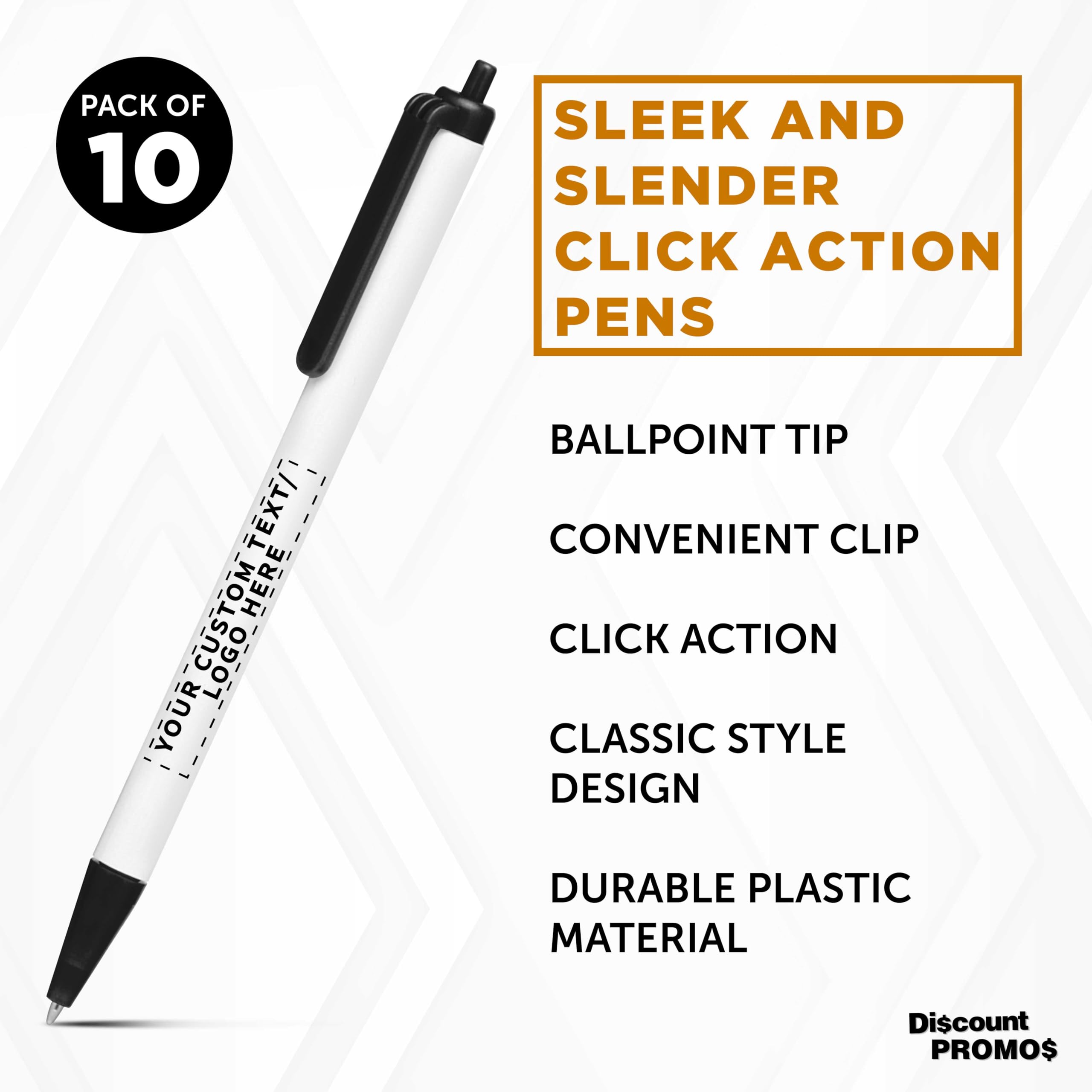 10 Pack Retractable Pens with Custom Text & Logo - Slim Barrel Black Ink Pens for Office, School, Business Promotions - Bulk Promotional Pens for Branding, Giveaways & Corporate Gifts