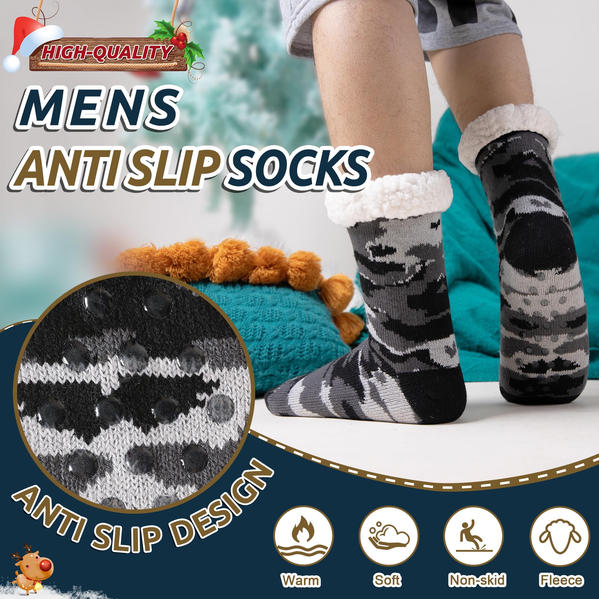 Men's Fleece Lined Thick Winter Slipper Socks - Ultra Soft Non-Slip Fuzzy House Shoes for Indoor Comfort & Warm Sleeping - Perfect for Cold Weather, Lounging at Home and Cozy Nights