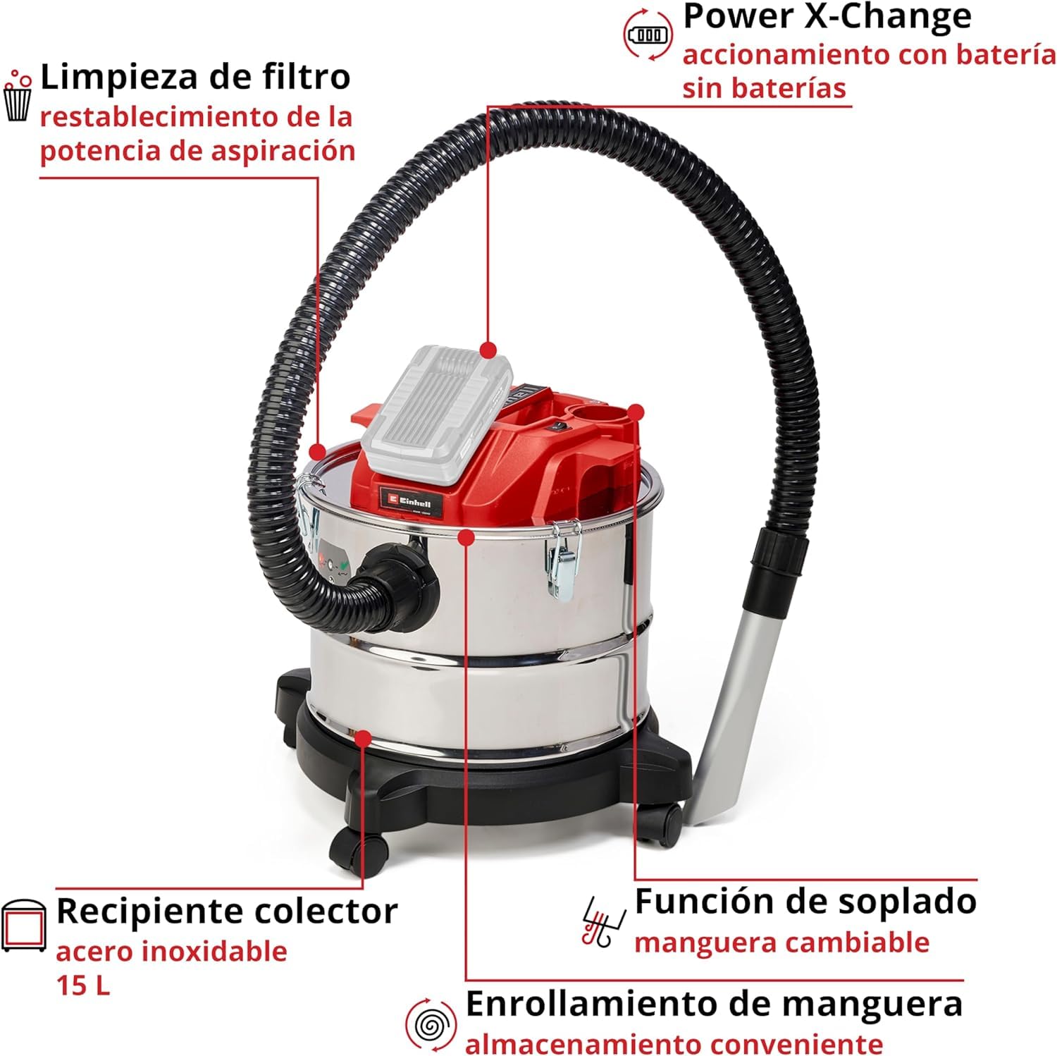 Einhell TE-AV 18/15 Li C-Solo PXC Cordless Ash Vacuum Cleaner - 100 mbar Suction, 15L Collection Tank, Li-ion Battery (Battery & Charger Not Included) - Ideal for Fireplaces, Grills, and Wood Stoves