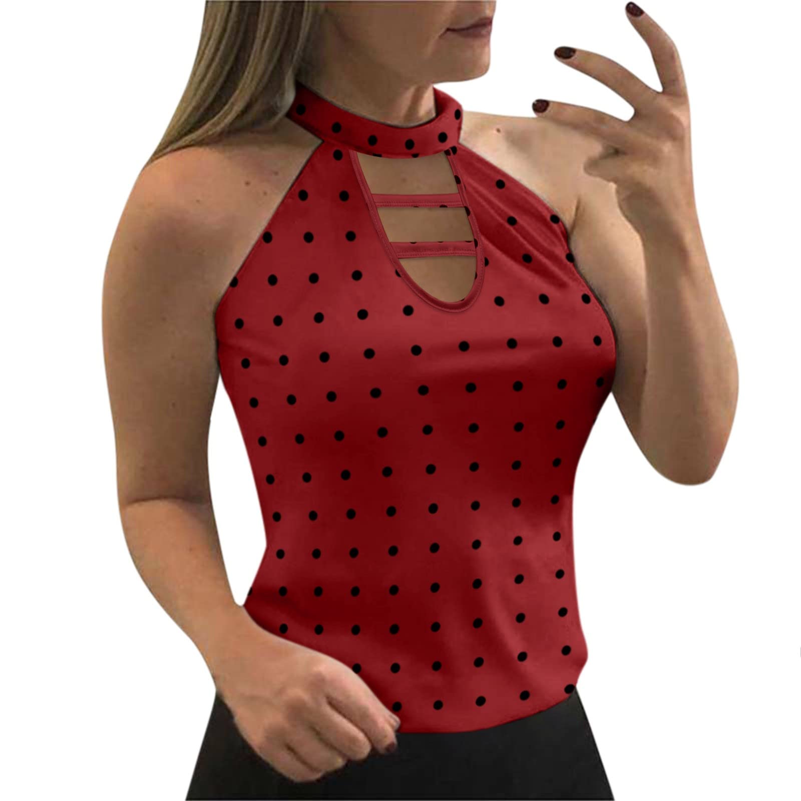 Women's Sleeveless Hollow Out Polka Dot Print Halter Slim Tank Top - Round Neck Summer Casual Black Top for Beach, Party & Everyday Wear