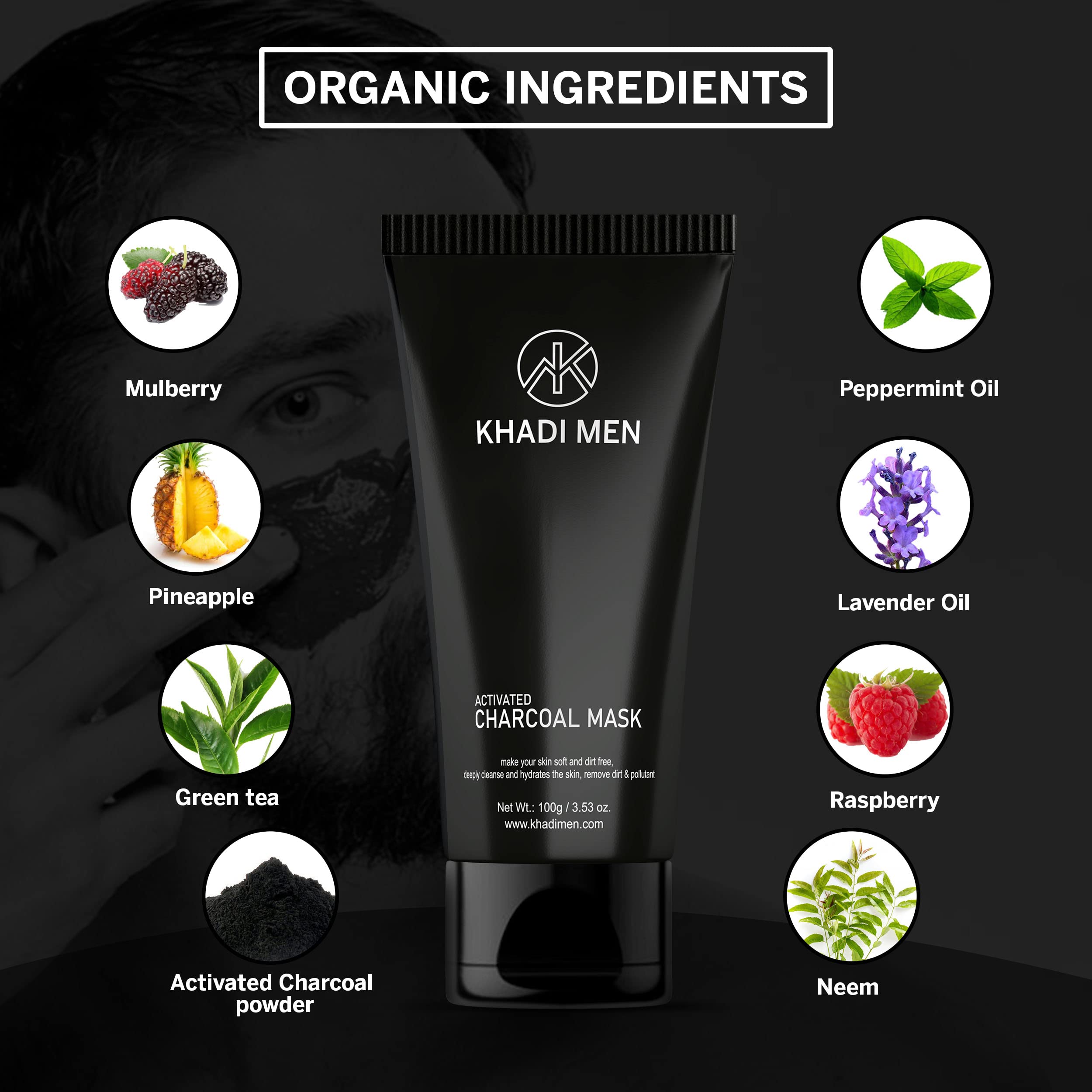 Khadi Men's Activated Charcoal Face Mask with Vitamin E - Deep Pore Cleansing, Blackhead Removal & Detoxifying Treatment | Paraben & Sulphate Free (100g) | Perfect for Men's Daily Skincare Routine & Post-Workout Cleansing