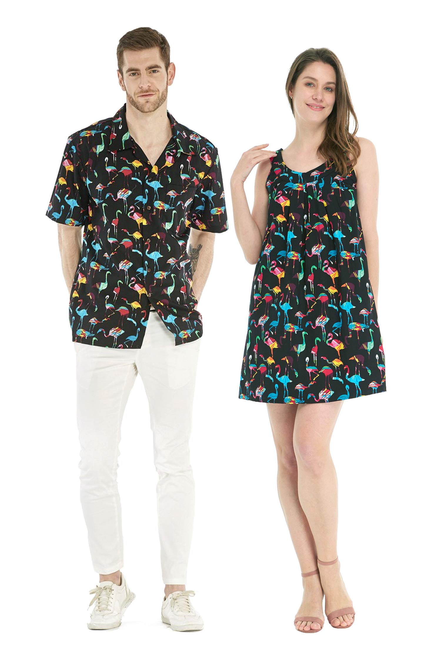 Stylish Matching Couple Hawaiian Luau Shirts & Flamingo Print Round Neck Dresses - Perfect for Beach Parties, Summer Vacations, and Tropical Themed Events