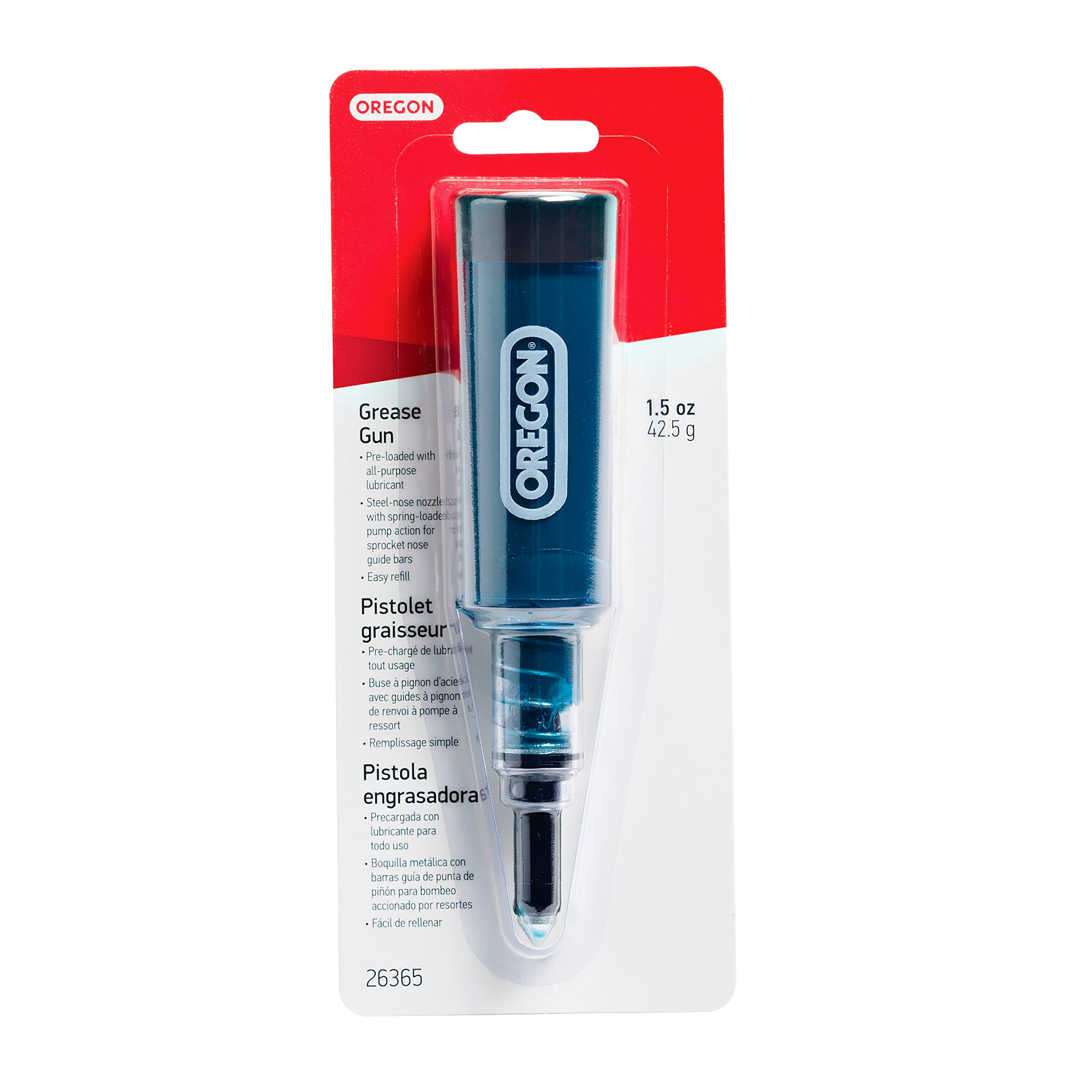 Oregon 26365 Black Grease Gun for Chainsaws - Pre-Loaded All-Purpose Lubricant, Easy Refill, Universal Fit for Most Chainsaw Models - Perfect for Chain Lubrication & Maintenance in Forestry, Landscaping & DIY Projects