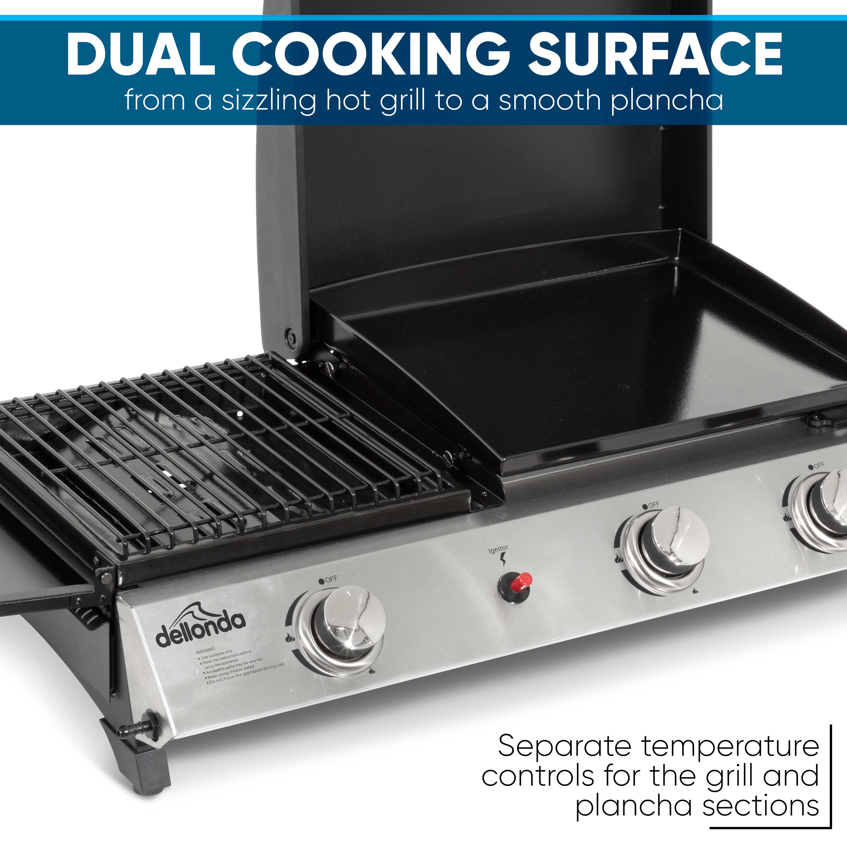 2+1 Burner Portable Gas Grill & Griddle - 8.5kW Stainless Steel Outdoor BBQ Hot Plate for Camping, Tailgating & Backyard Cooking (Model DG276)