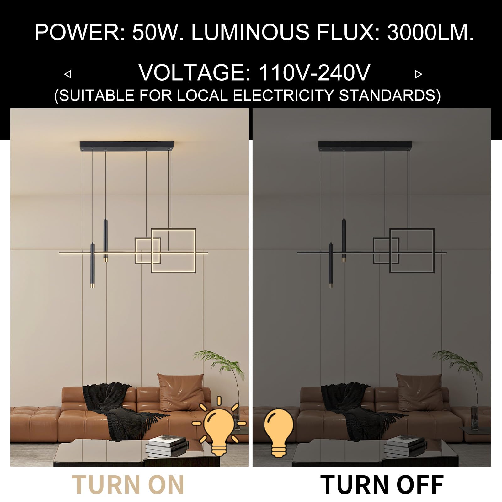 Modern LED Chandelier Lighting - Dimmable Linear Black Pendant Light with Square Design, 39 Inch Contemporary Hanging Fixture for Dining Room, Kitchen Island, Bar Table (3000lm/50W) - Perfect for Modern Home Decor, Restaurant Lighting, and Commercial Spaces